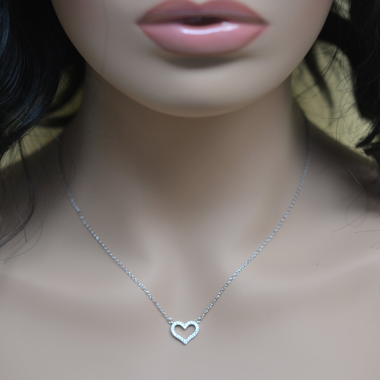 925 Sterling Silver Hollow Heart Studded with CZ Pendant Necklace