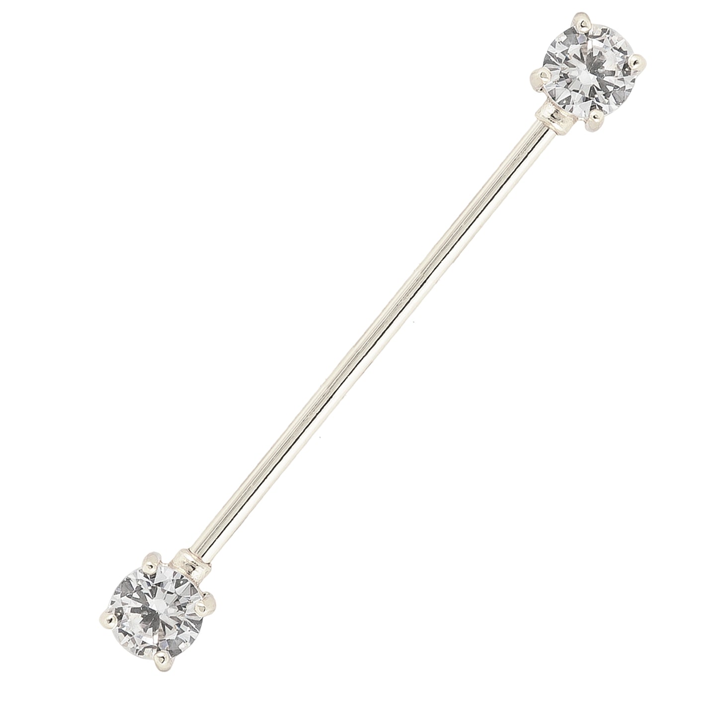 14k Solid Gold Industrial Straight Barbell with Round Clear CZ Externally Threaded
