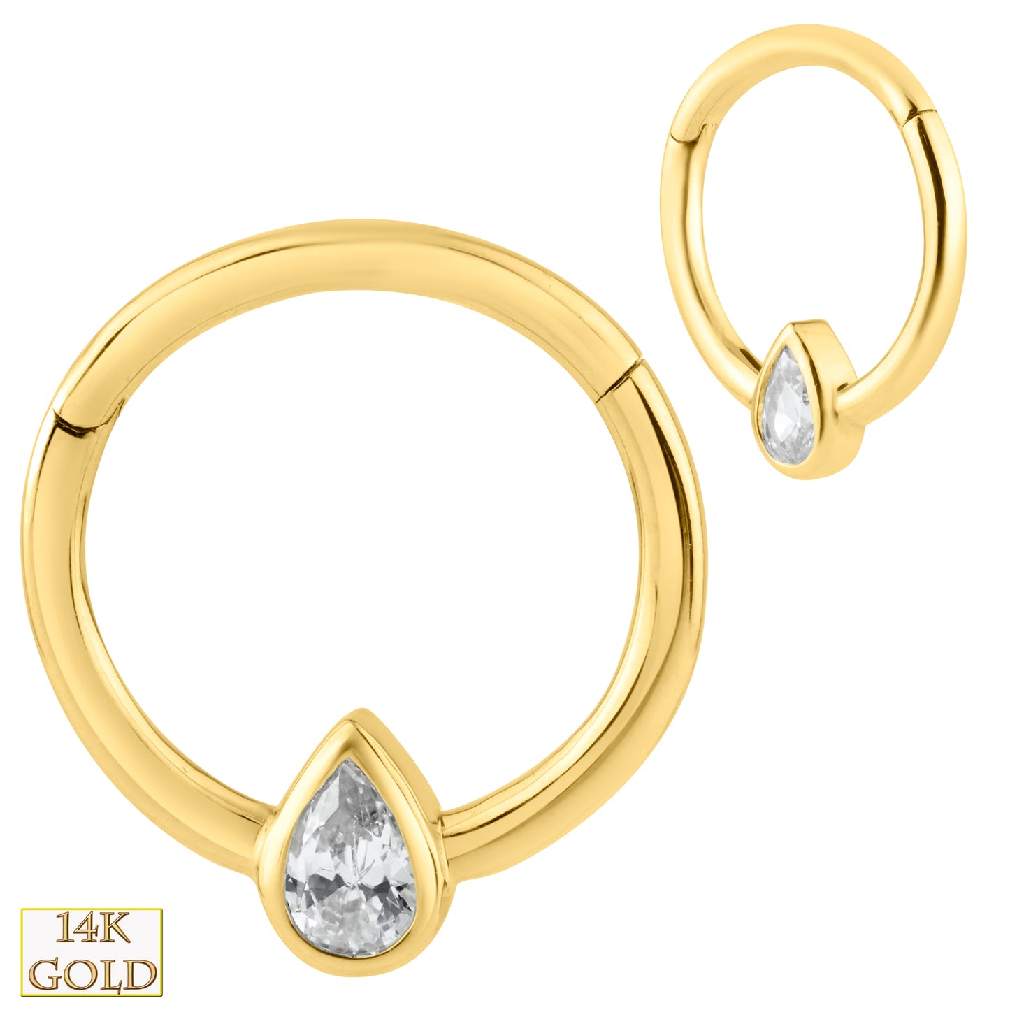 14k Yellow Gold Zircon Hoop Earrings, Tear Drop Design, Bezel Setting, Hinged Closure, Sexy Jewelz, Los Angeles