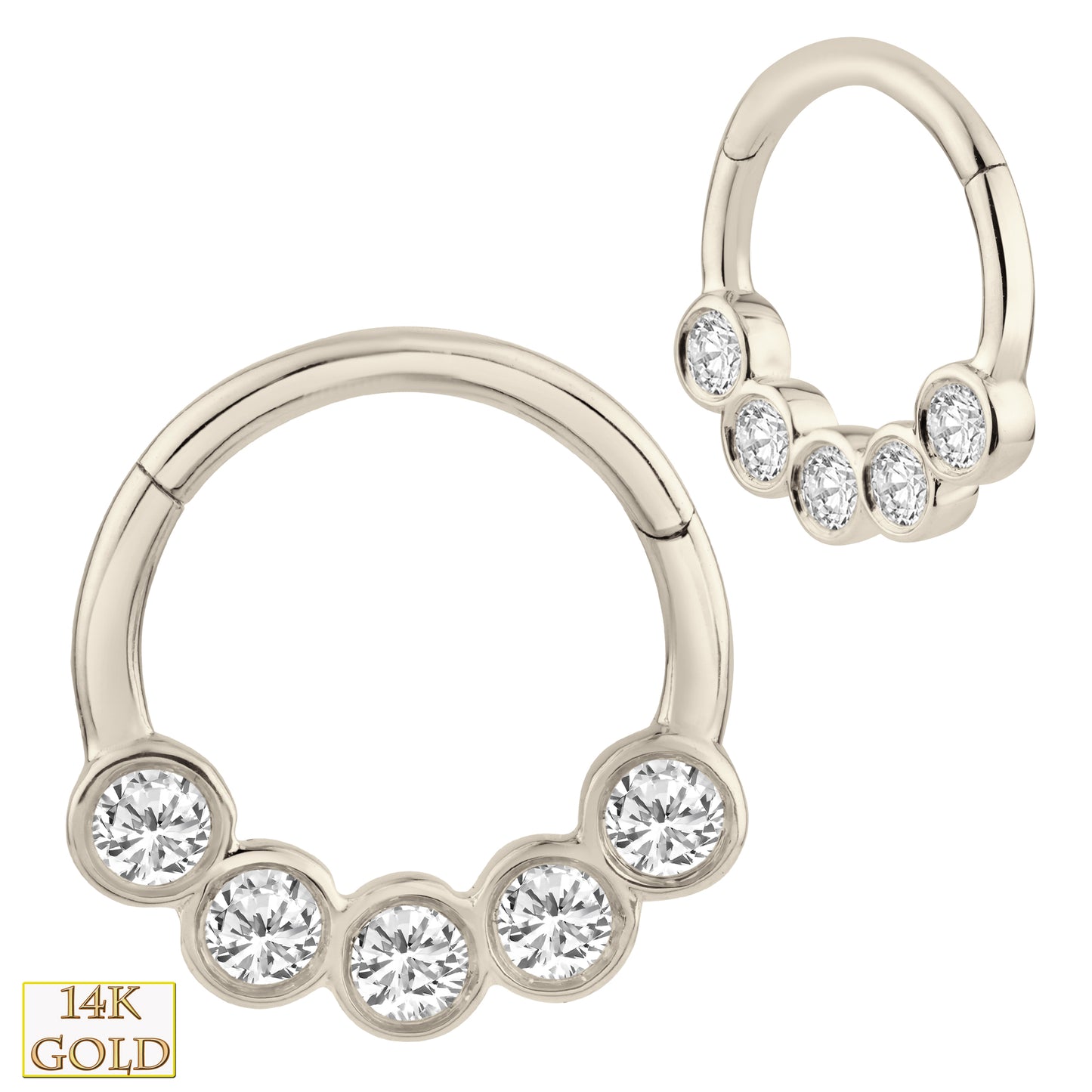 14k Solid Gold Five Zircon Bezel Hoop Earrings, Hinged Hoop Earrings, Gold Zircon Earrings, Dainty Hoops, Gift for Her, Sexy Jewelz, Los Angeles