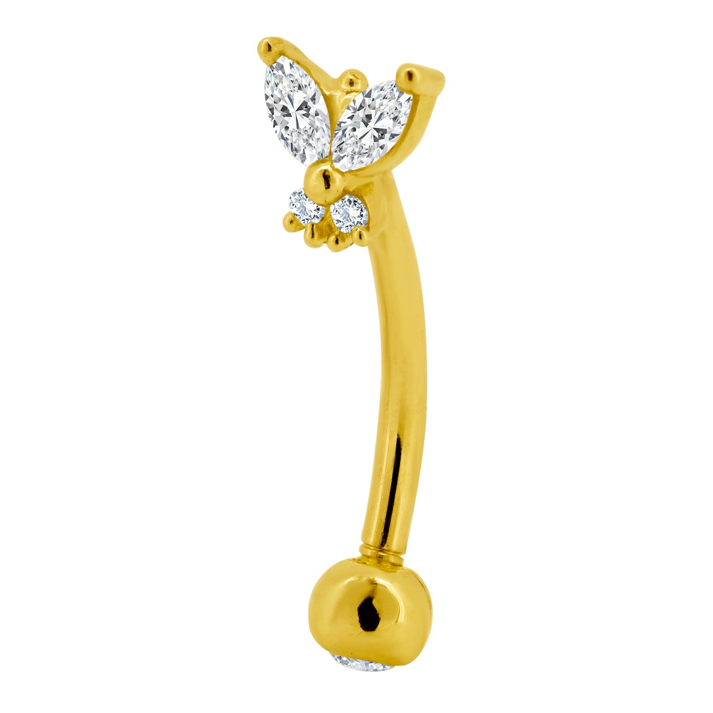 14k Solid Gold Eyebrow Butterfly with Zircon Design Internal Threaded Screw