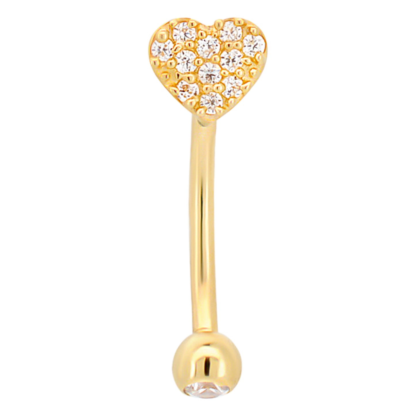 14k Yellow Gold CZ Studded Heart Eyebrow Barbell Externally Threaded Screw