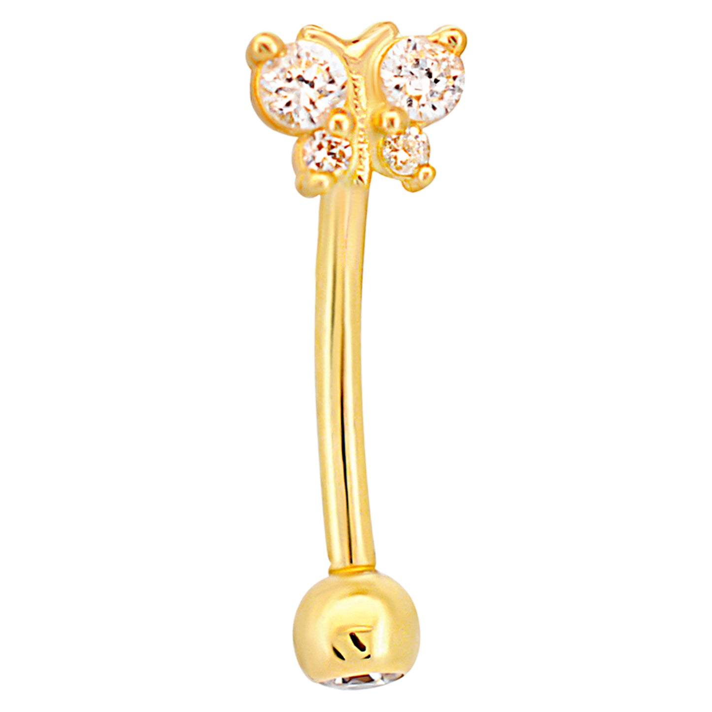 14k Yellow Gold CZ Butterfly Eyebrow Barbell Externally Threaded Screw