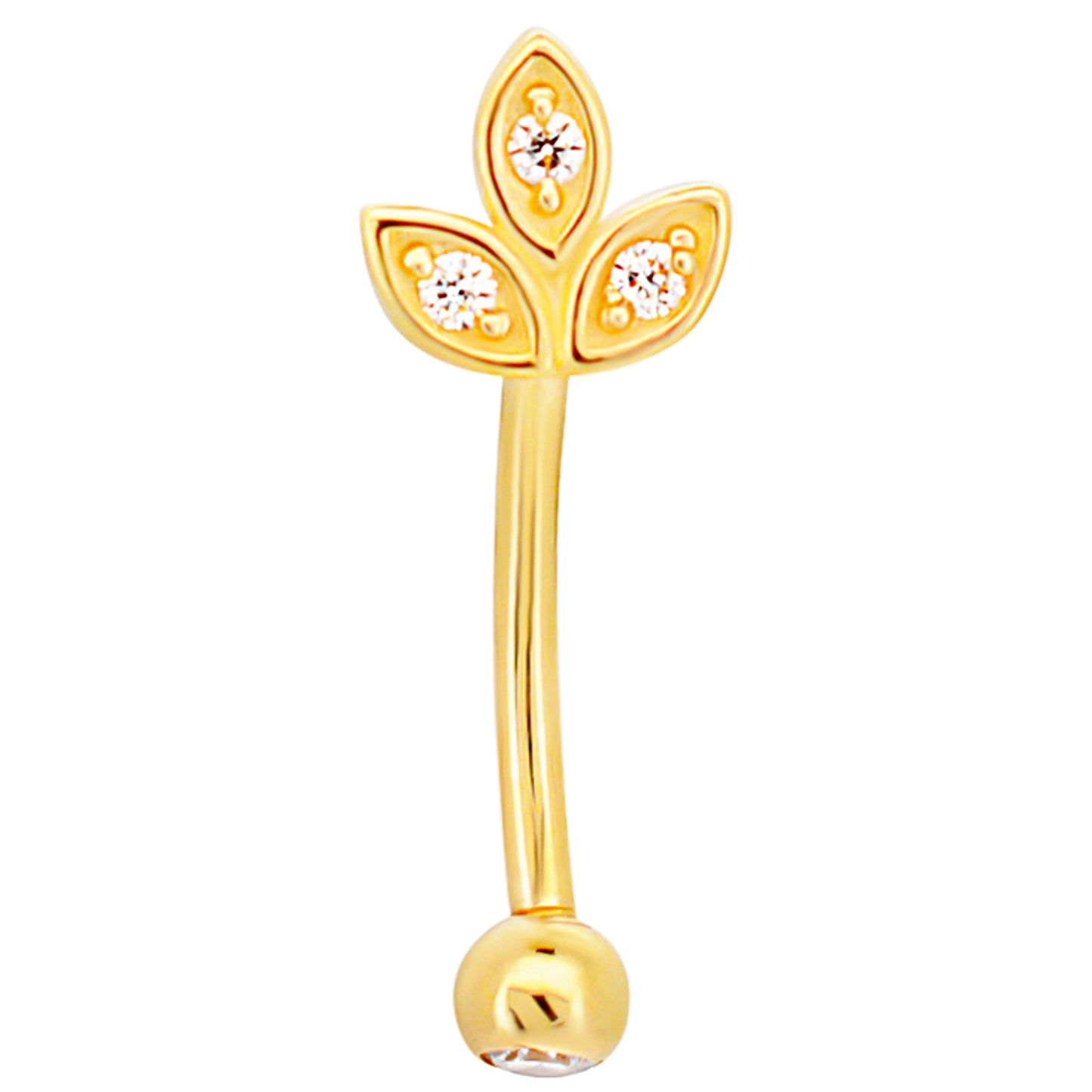 14k Yellow Gold CZ Leaves Eyebrow Barbell Externally Threaded Screw