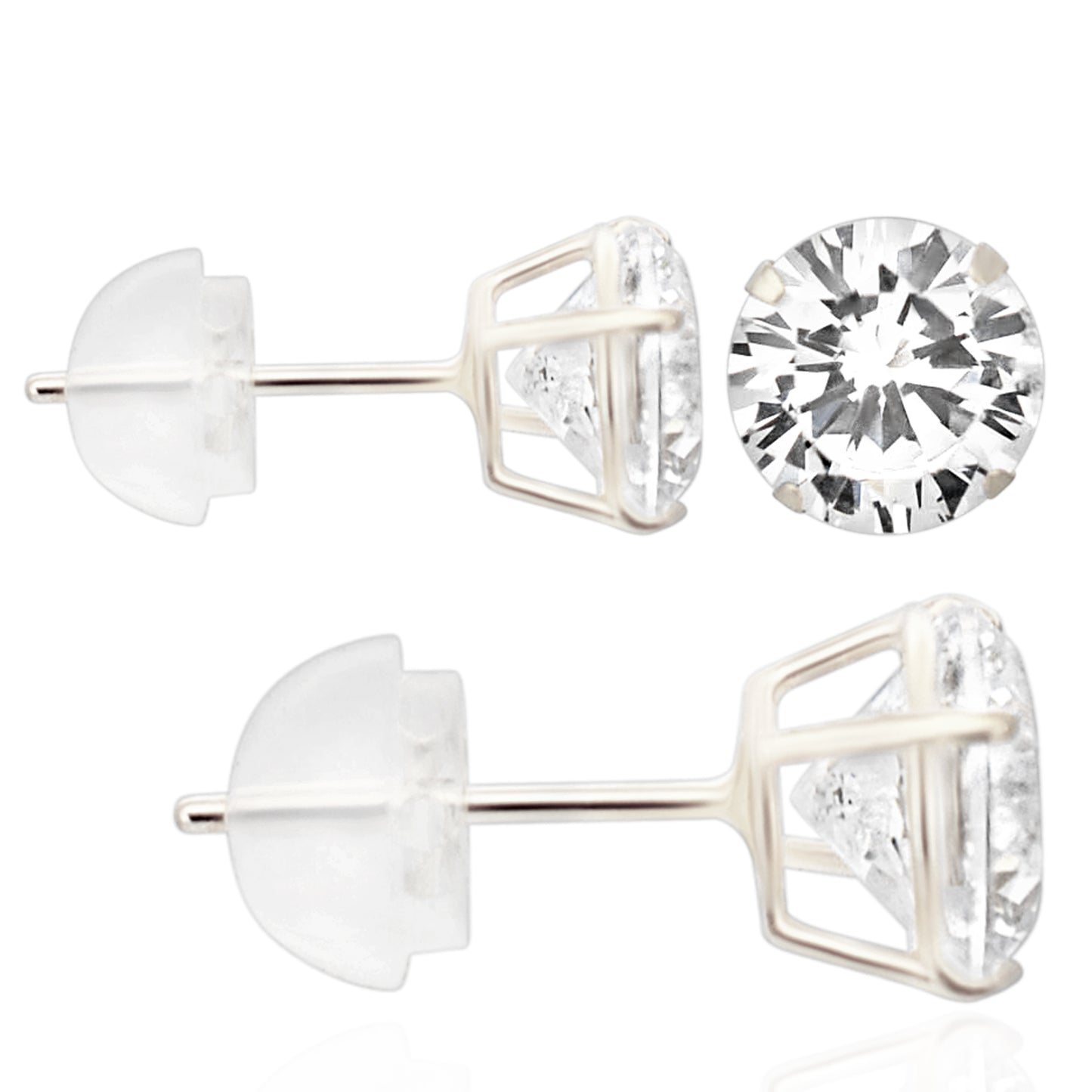 14k Gold Silicone Backing Stud Earrings with Round Cubic Zirconia