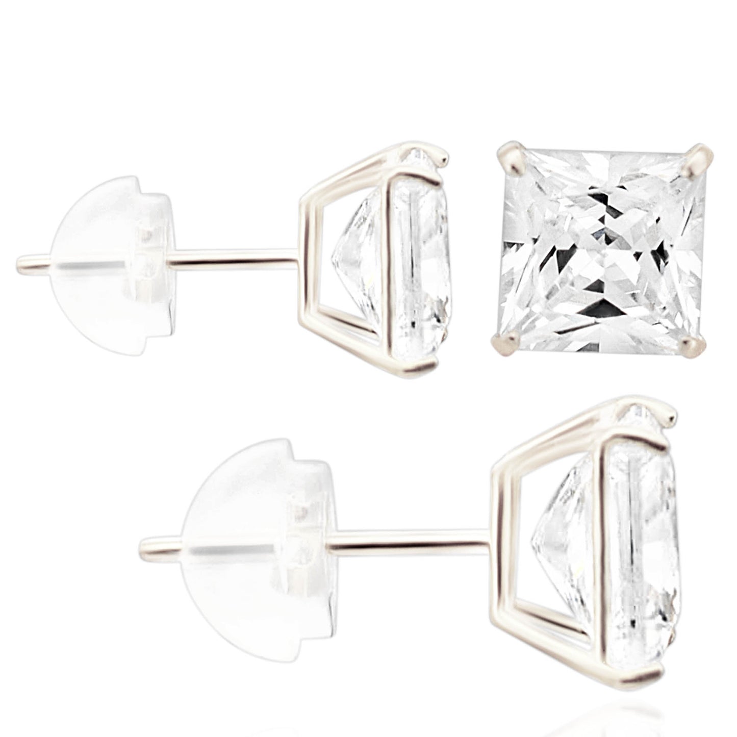 14k Gold Silicone Backing Stud Earrings with Square Cubic Zirconia