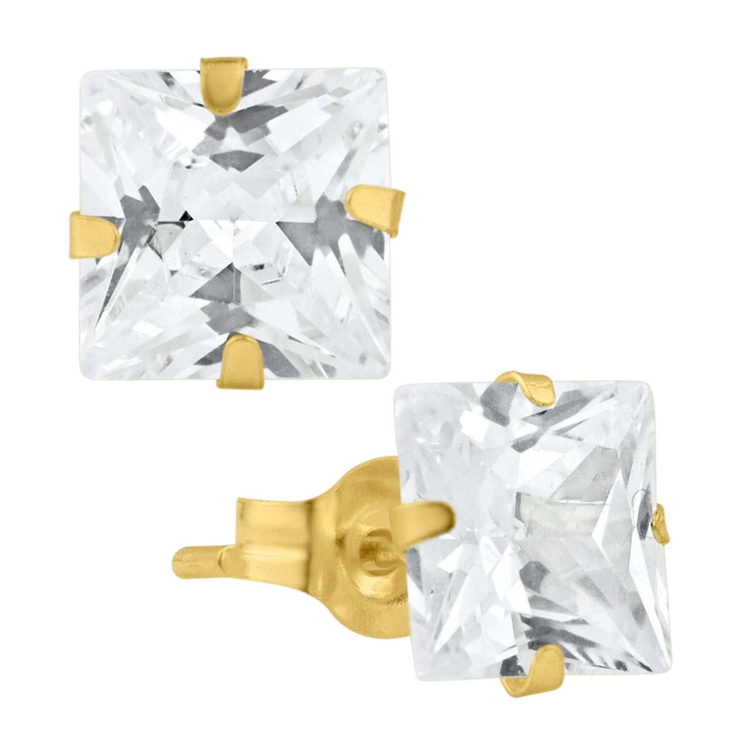 14k Gold Push Backing Stud Earrings with Square Cubic Zirconia