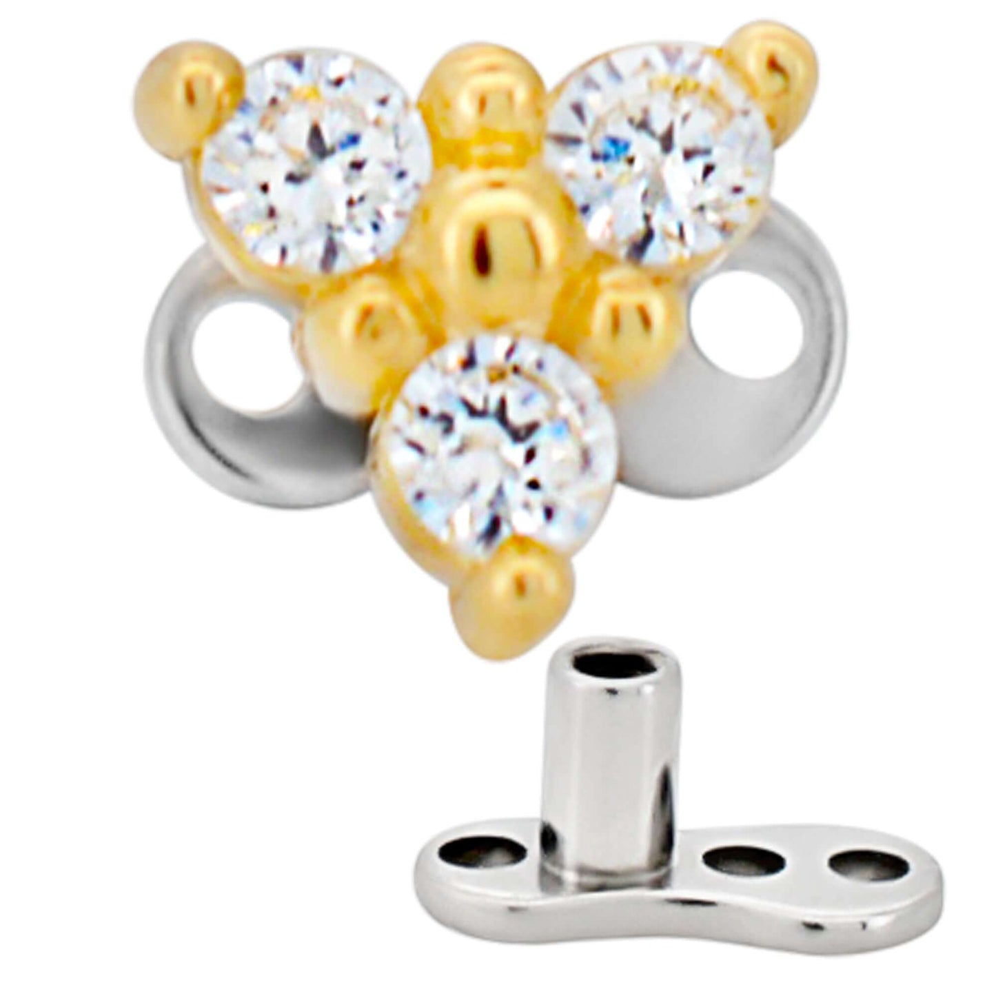 14k Gold Three CZ Triangle Dermal Top with 14k Titanium Anchor