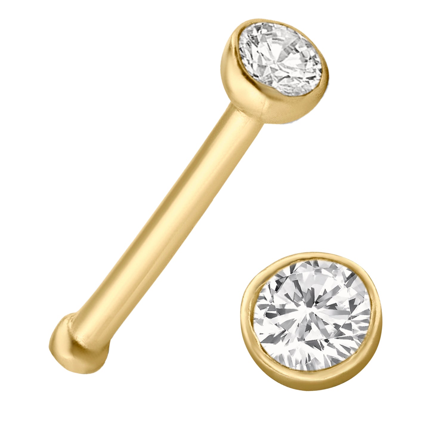 14k Yellow Gold Bar Nose Bone, Round CZ Prong Set, 20g Thickness, 7mm Length, Body Jewelry, Sexy Jewelz, Los Angeles