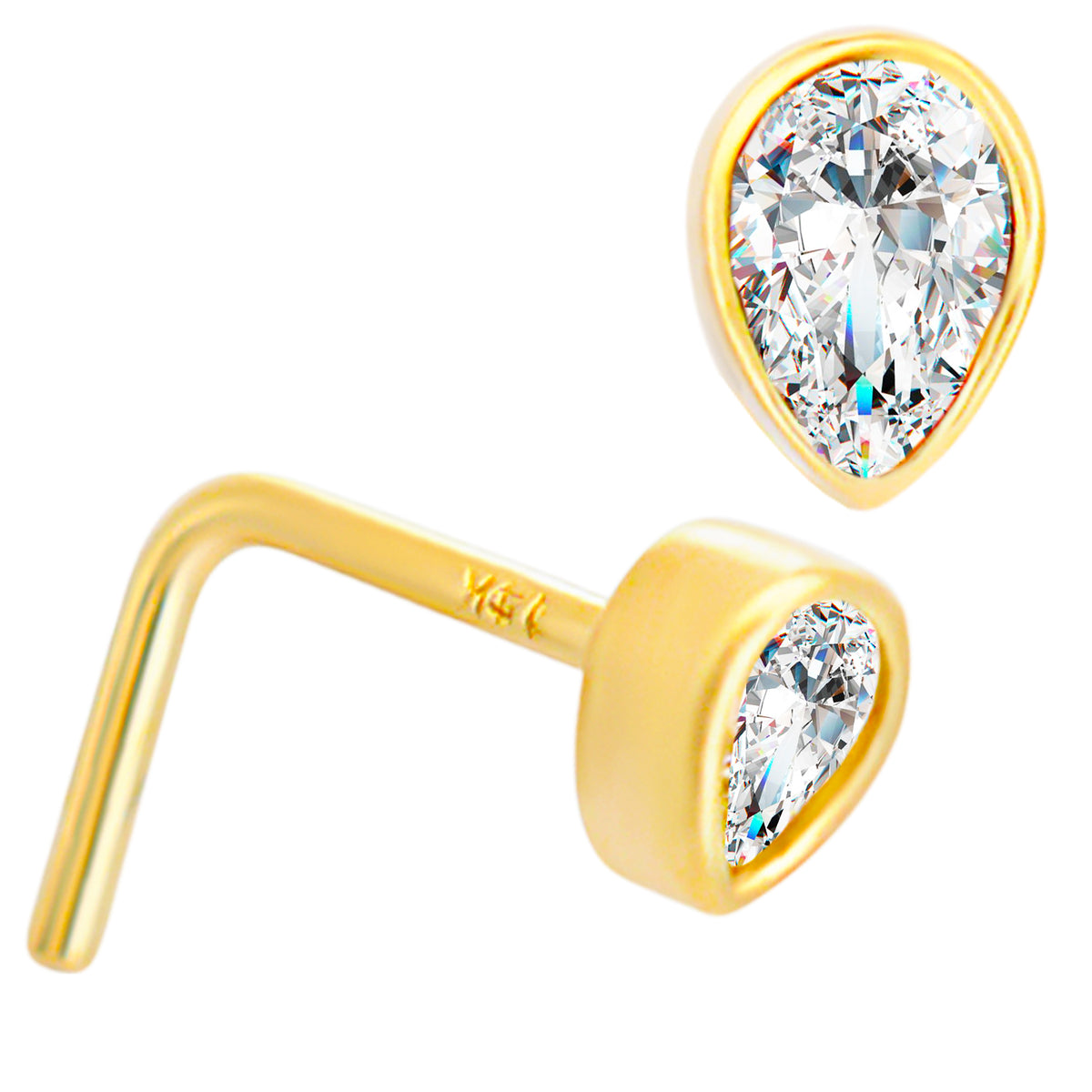 14k Yellow Gold Pear Shaped Cubic Zirconia in Bezel Setting L-Shaped Nose Ring