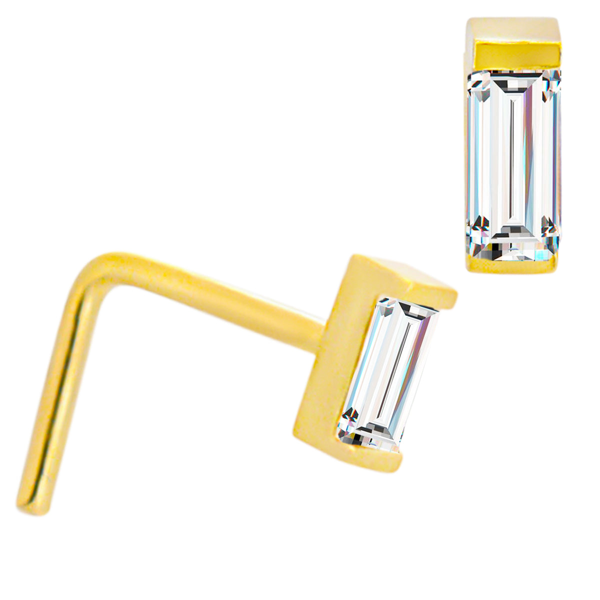 14k Solid Gold Baguette Shaped Cubic Zirconia in Bezel Setting L-Shaped Nose Ring
