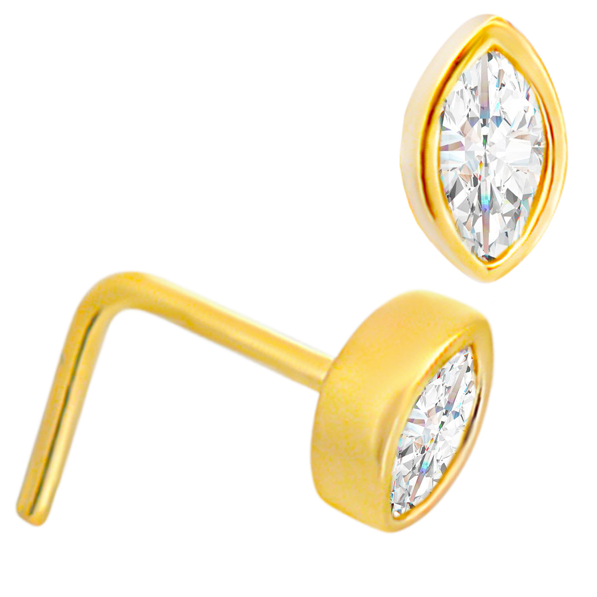 14k Yellow Gold Marquise Shaped Cubic Zirconia in Bezel Setting L-Shaped Nose Ring