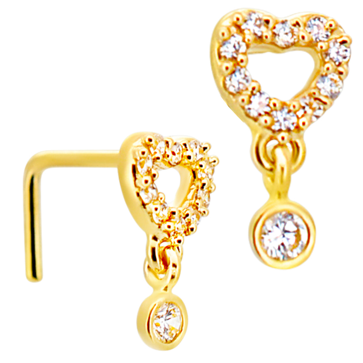 14k Yellow Gold Hollow CZ Studded Heart with Dangling Round CZ in Bezel Setting