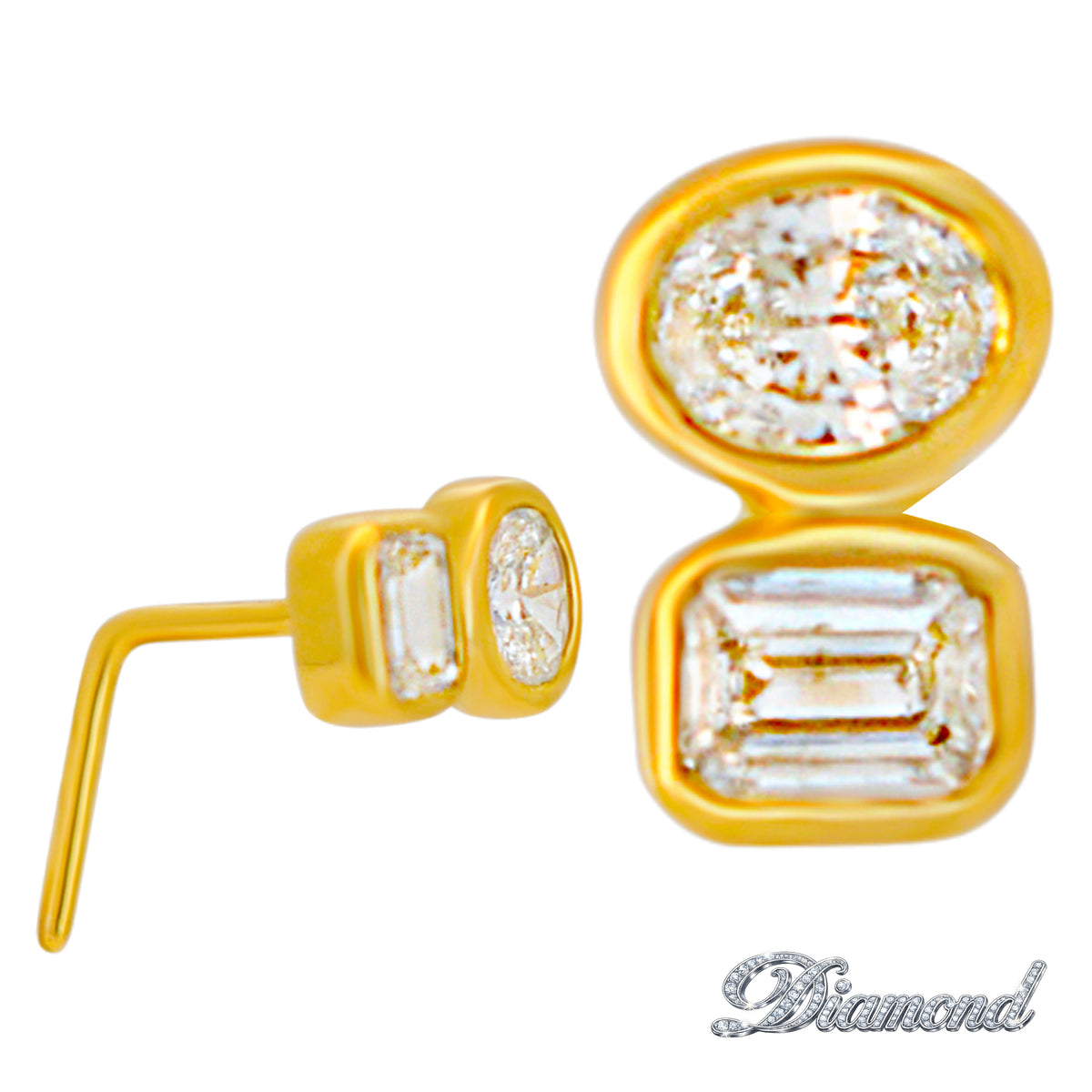 14k Yellow Gold Emerald and Oval Cut Natural Diamond Cluster L-Shaped Nose Ring