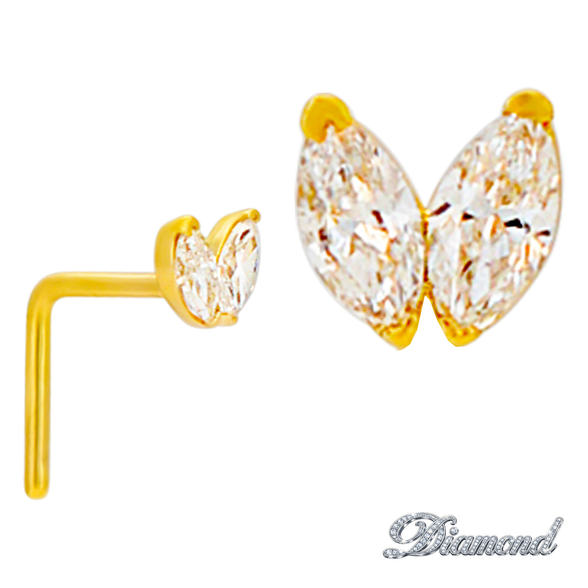 14k Yellow Gold Two Marquise Natural Diamonds Wings L-Shaped Nose Ring