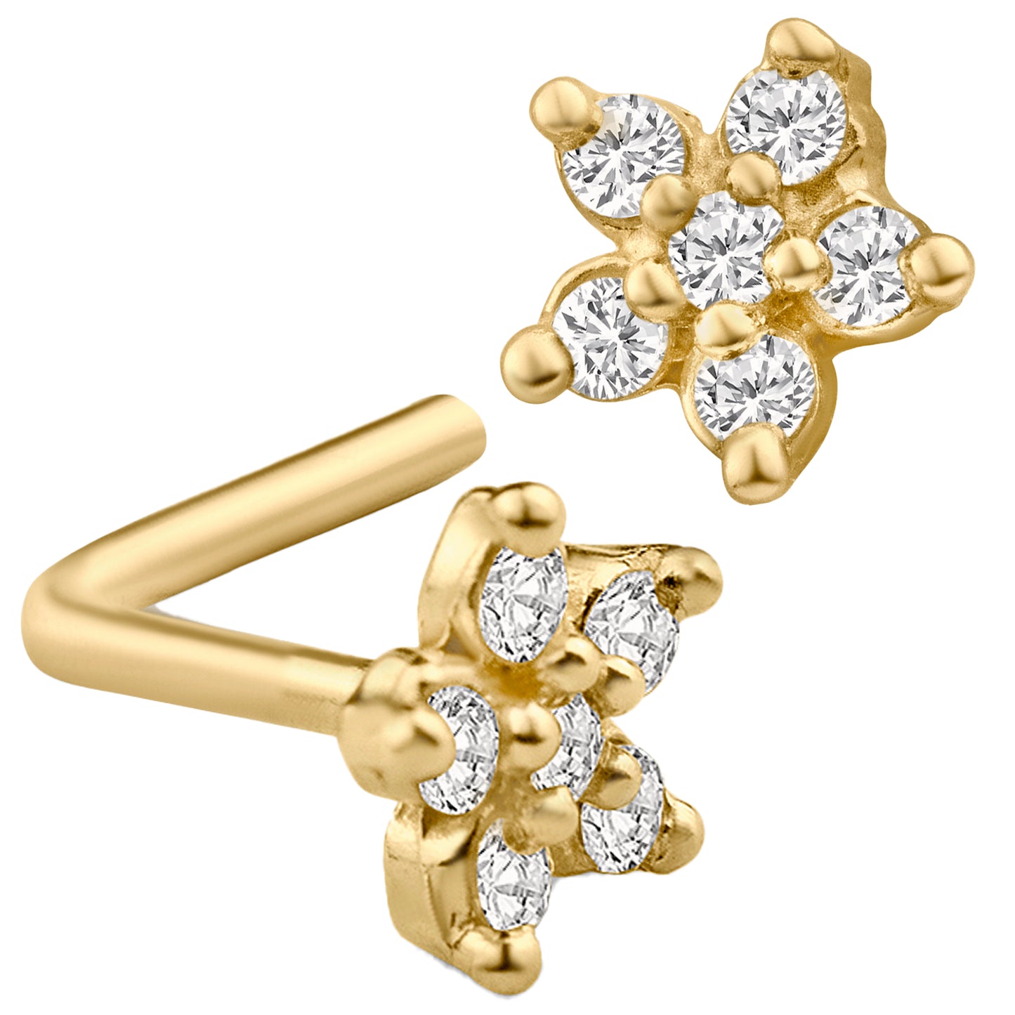 14k Gold Star Flower CZ Nose Bone, L-Shape Bar, 7mm Length, 22g Thickness, Sexy Jewelz, Los Angeles