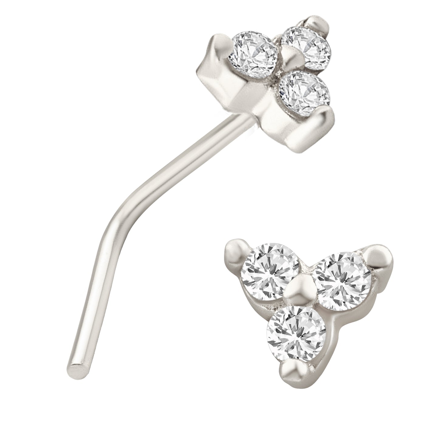 14k Solid Gold Prong Setting Three Stone Triangle Shape Nose Stud