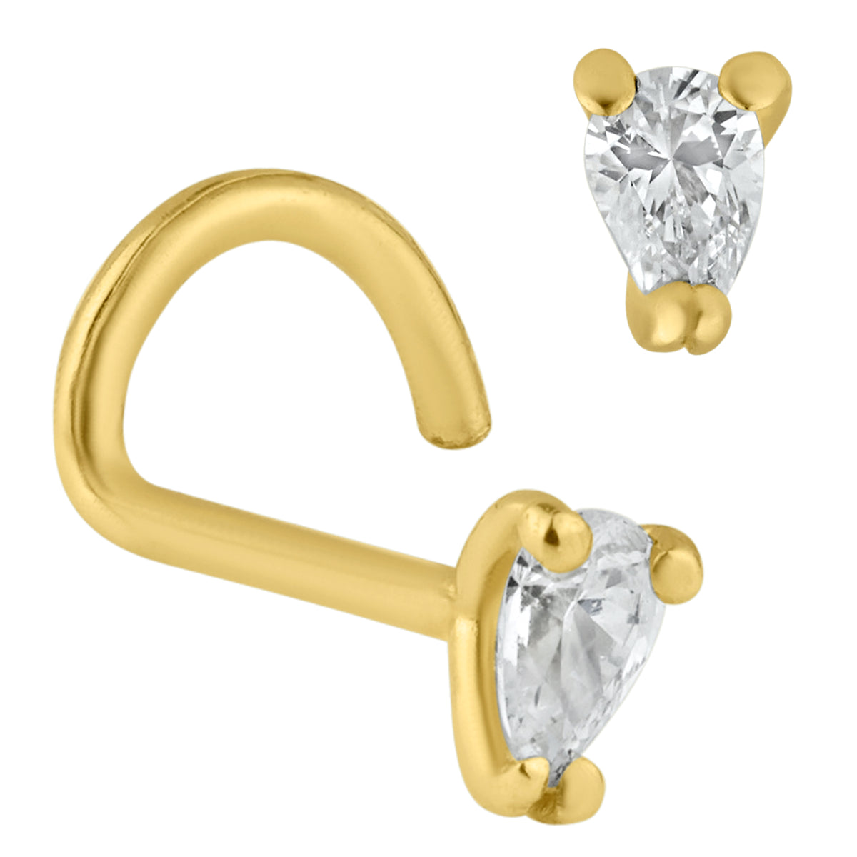 14k Yellow Gold Pear Shaped Cubic Zirconia in Prong Setting Nose Screw