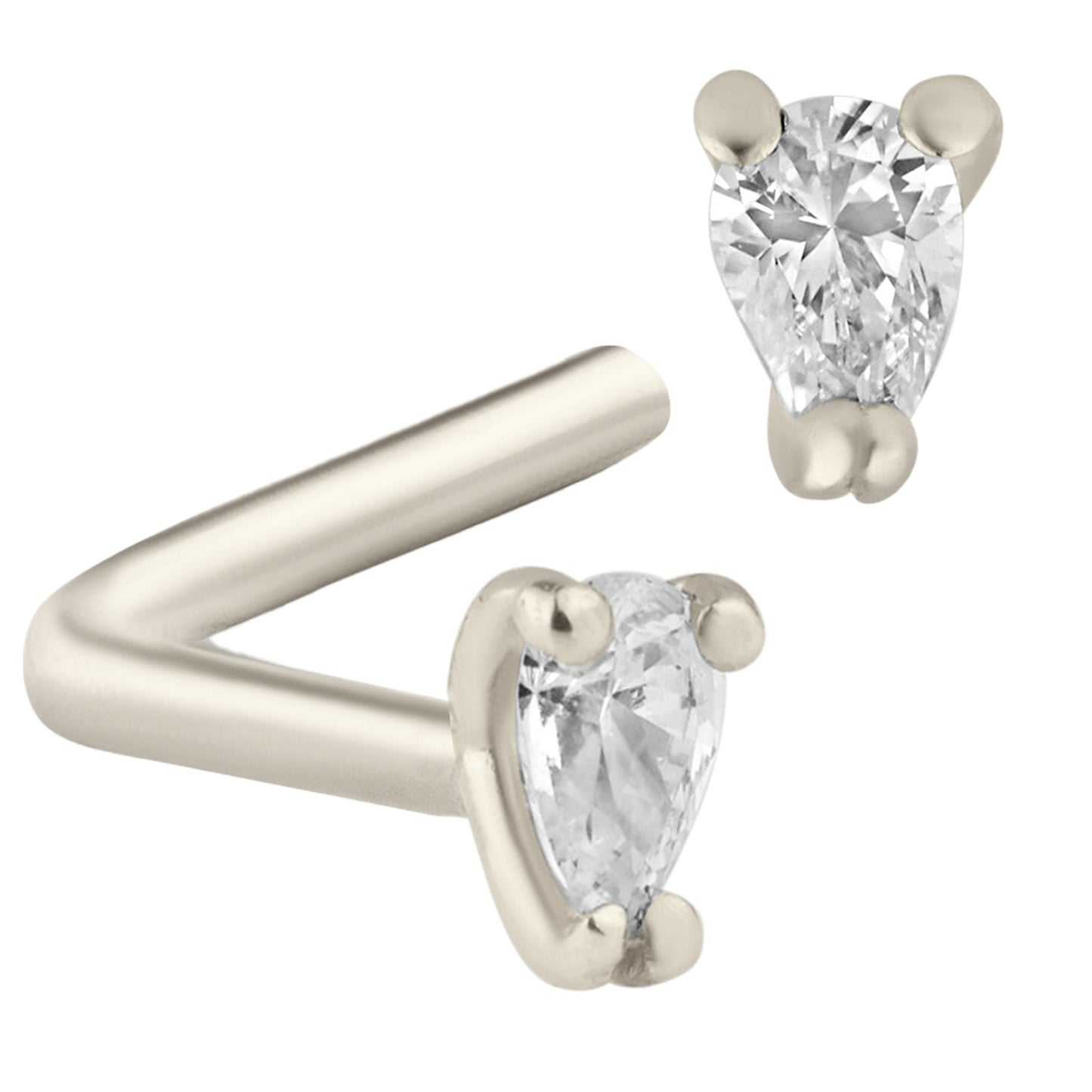 14k Solid Gold L-Shaped Nose Ring with Pear Shape Cubic Zirconia in Prong Setting