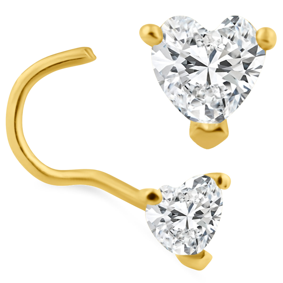 14k Yellow Gold Heart Shaped Cubic Zirconia in Prong Setting Nose Screw