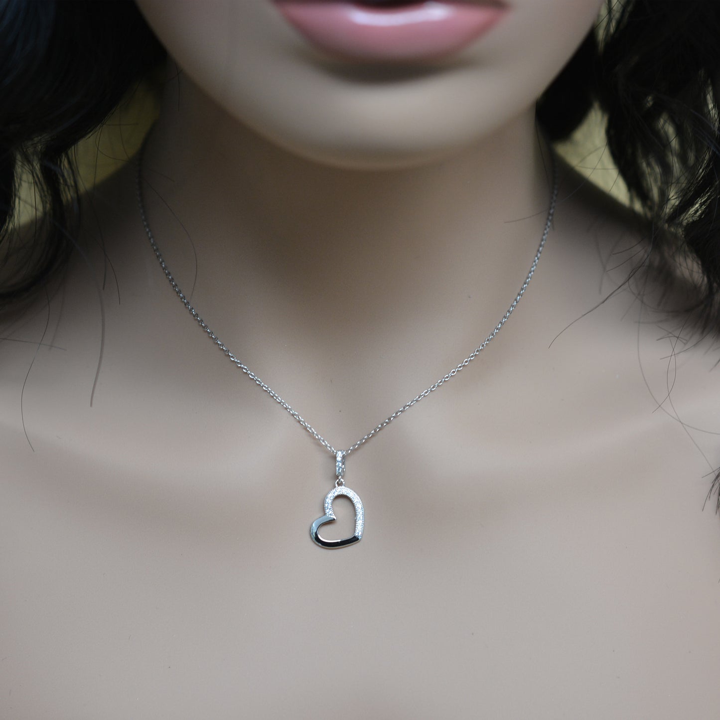 925 Sterling Silver Hollow Heart Pendant Necklace with CZ