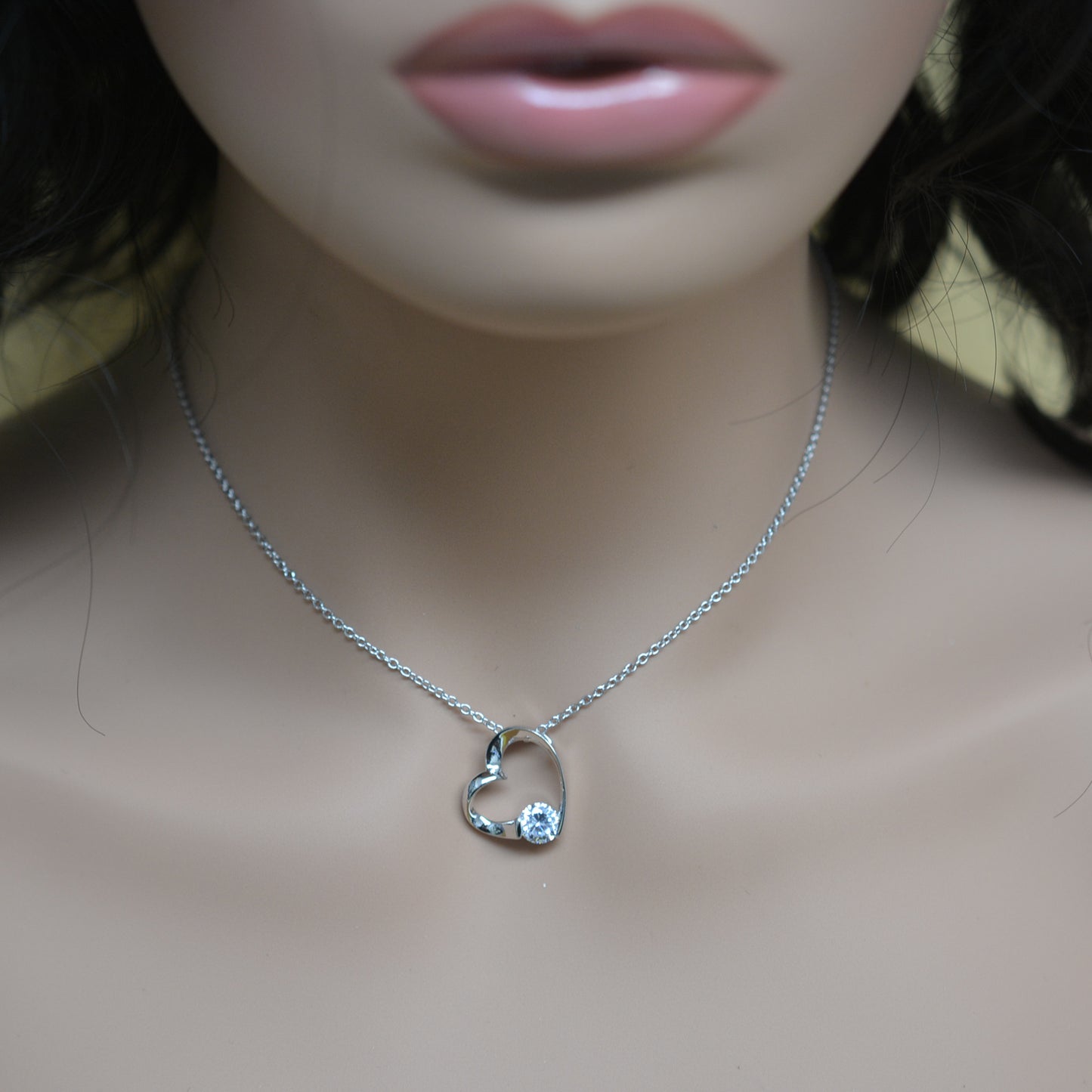 925 Sterling Silver Hollow Heart with Single Accent CZ Pendant Necklace