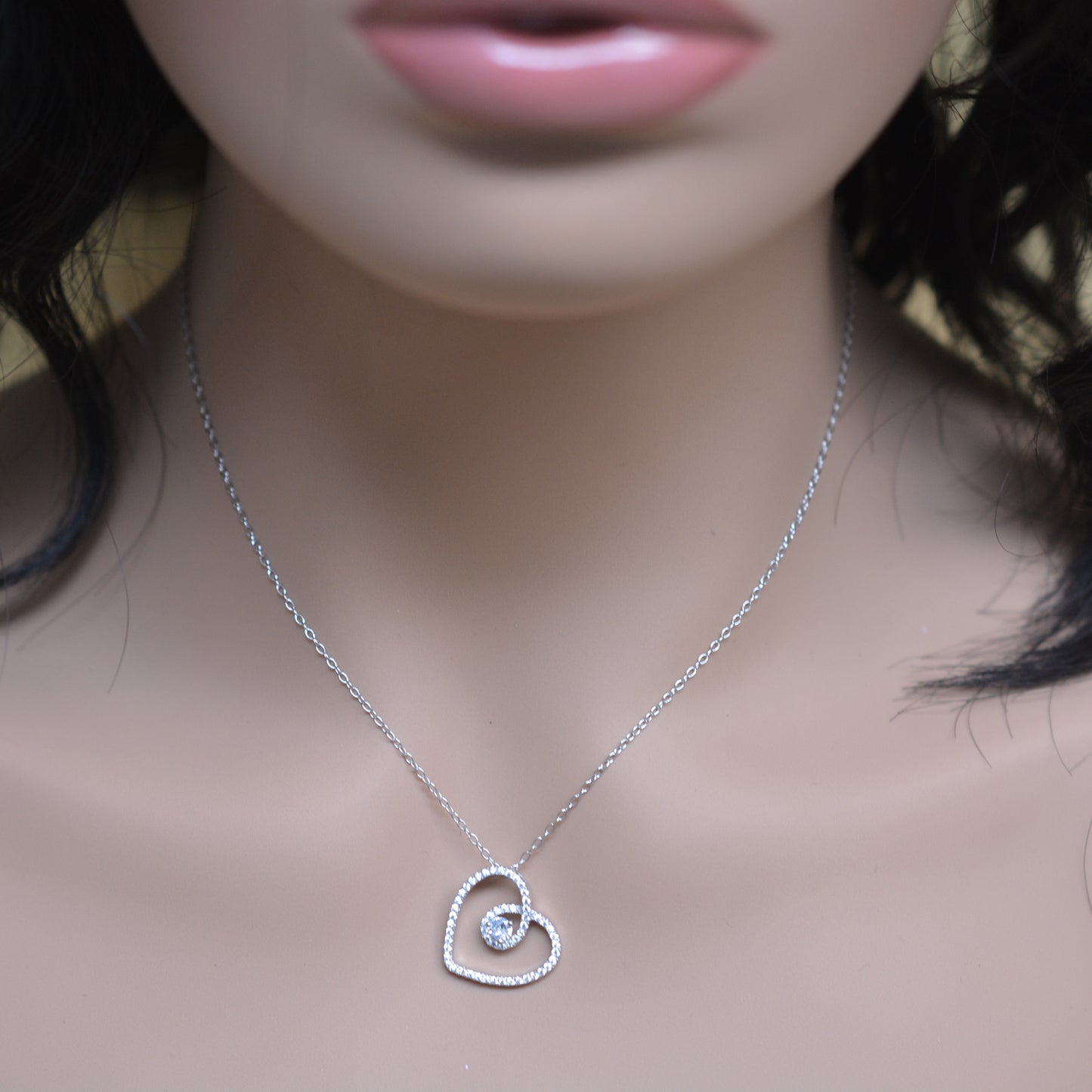 925 Sterling Silver CZ Studded Hollow Heart with Center CZ Stone Pendant Necklace