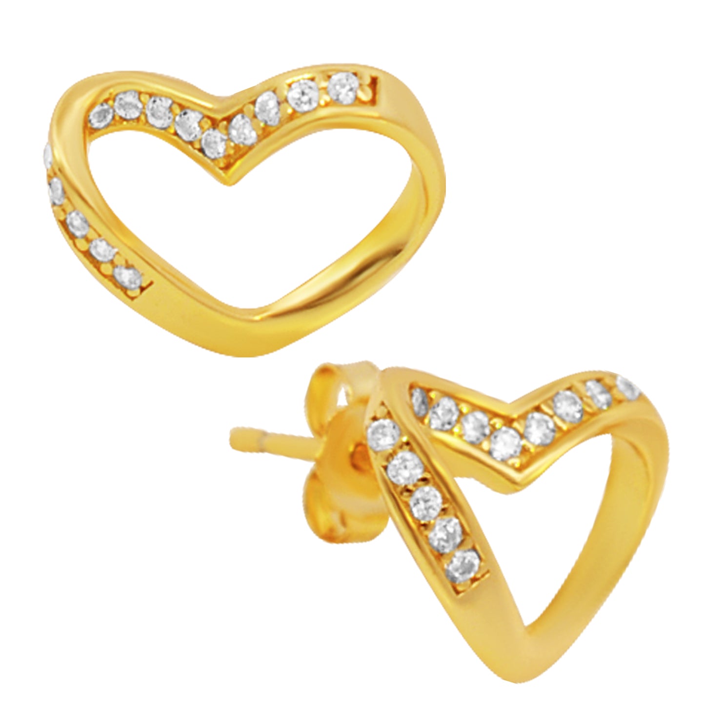 Hollow Heart Sterling Silver CZ Stud Earrings, Push Backing, Twisted Design