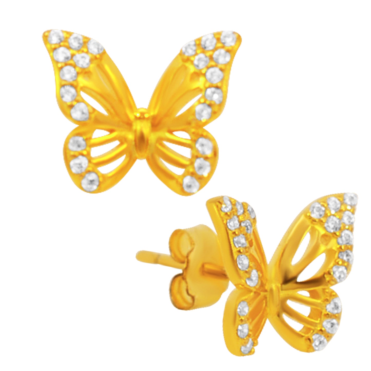 Delicate Sterling Silver Butterfly Earrings, Hollow Design with CZ, Push Back Studs, Gift Idea