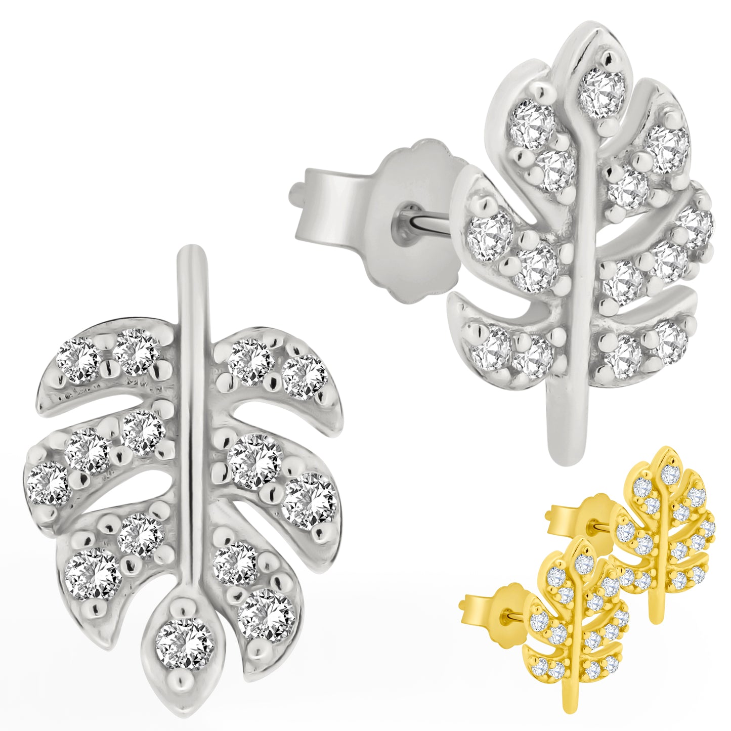 Sterling Silver Leaf CZ Stud Earrings, Rainforest Design, Push Back, Nature-inspired Jewelry