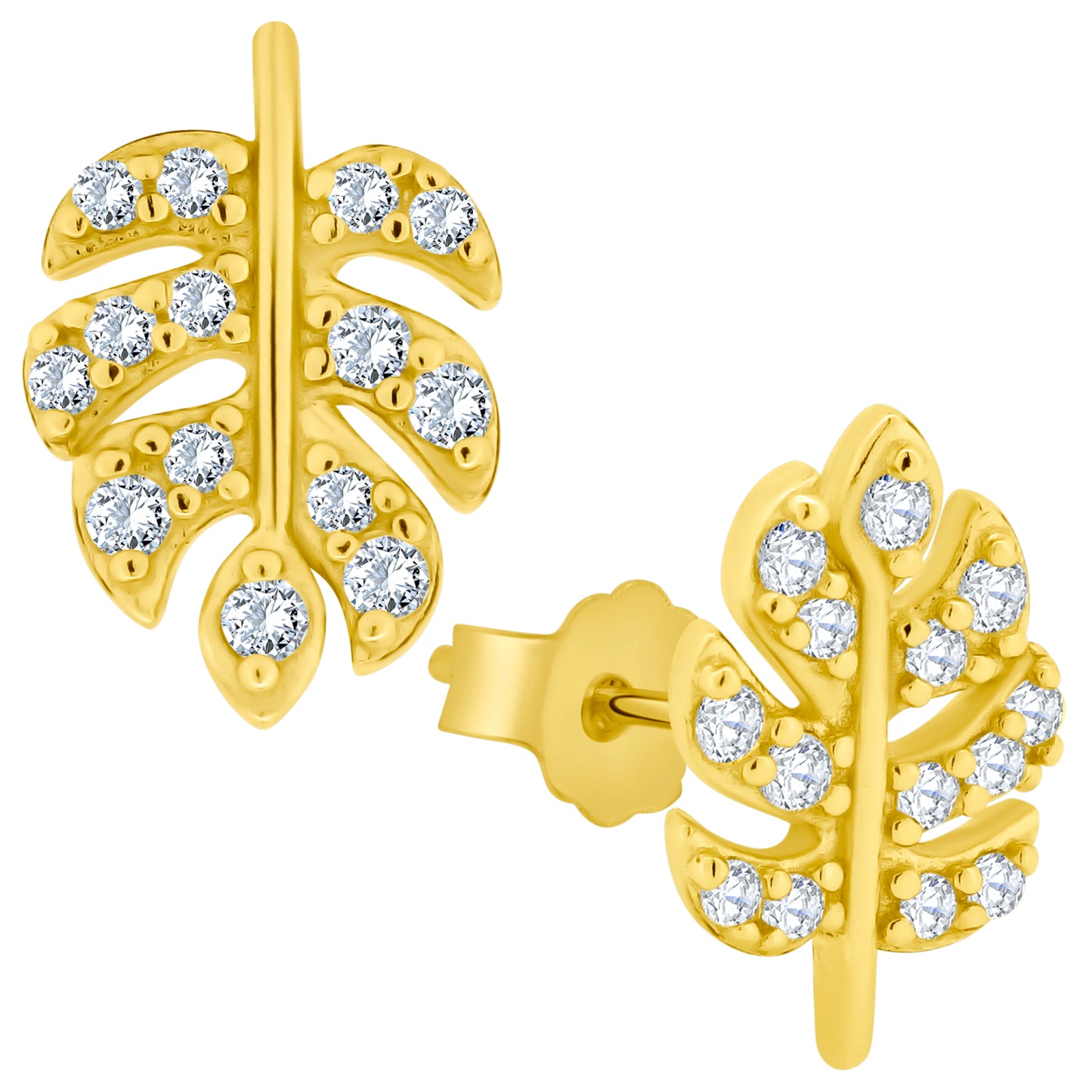 Sterling Silver Leaf CZ Stud Earrings, Rainforest Design, Push Back, Nature-inspired Jewelry