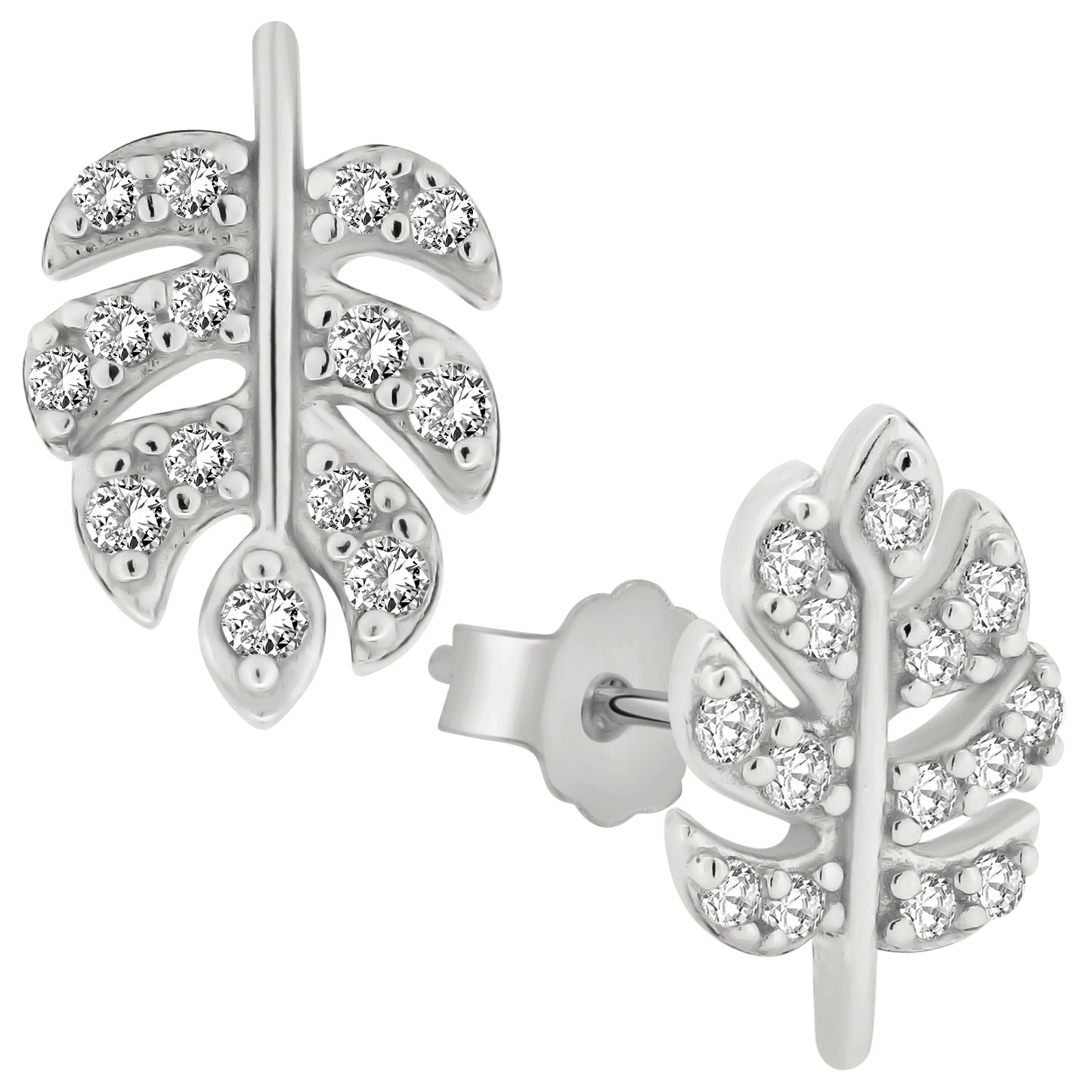 Sterling Silver Leaf CZ Stud Earrings, Rainforest Design, Push Back, Nature-inspired Jewelry