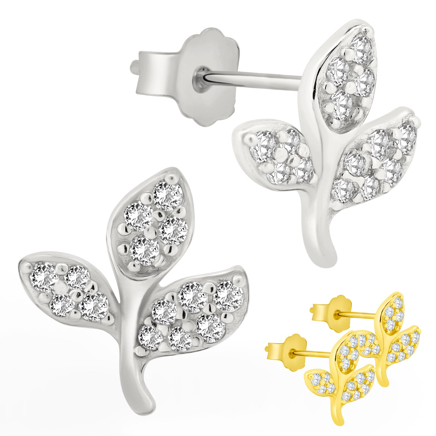 925 Sterling Silver Leaves CZ Earrings, Stud Push Backing, Nature Inspired Jewelry