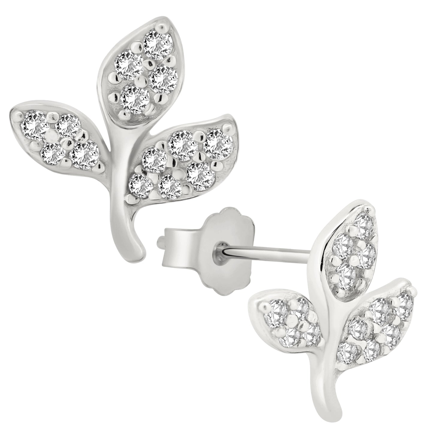 925 Sterling Silver Leaves CZ Earrings, Stud Push Backing, Nature Inspired Jewelry