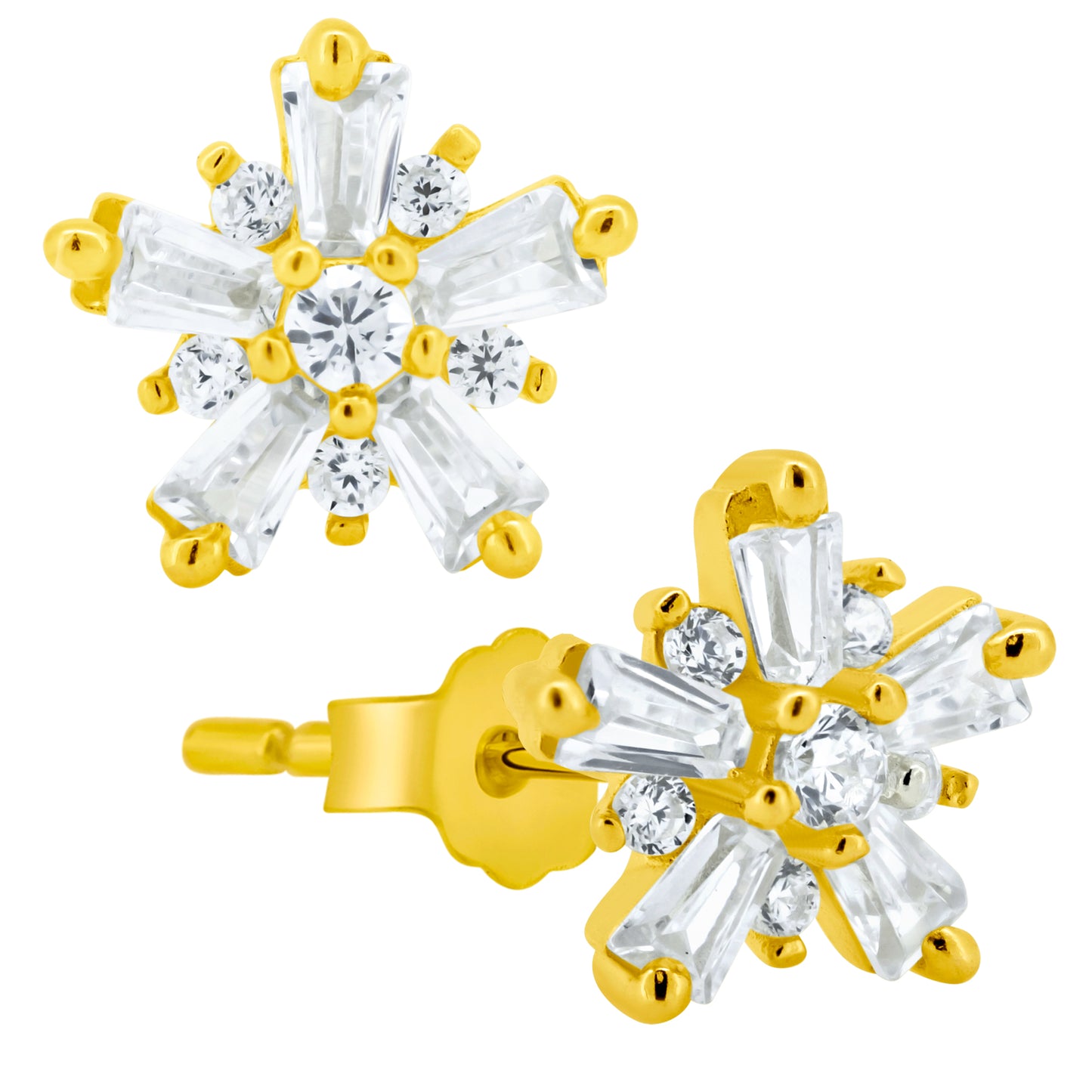 Elegant Sterling Silver CZ Stud Earrings, Starburst Design, Push Backs, Sparkly Jewelry