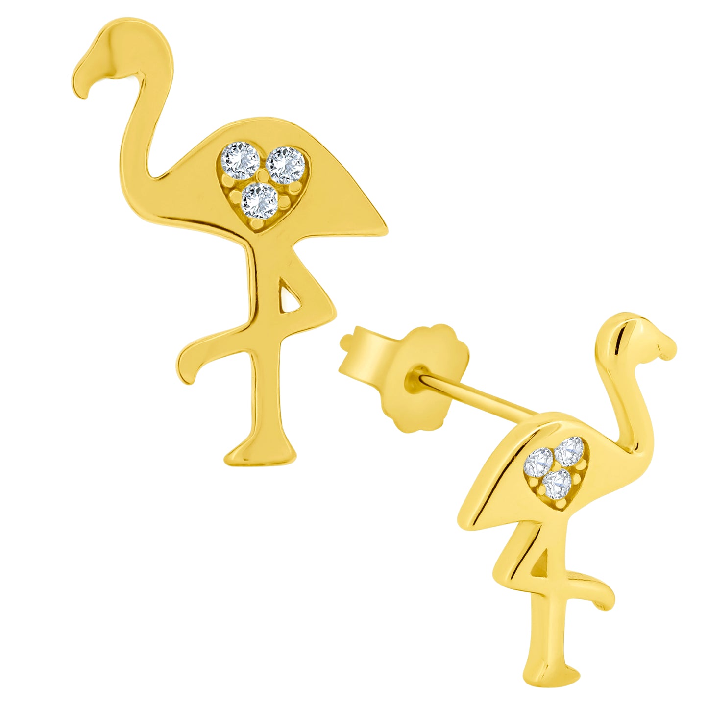 Carved Heart Flamingo Earrings, CZ Studs, 925 Sterling Silver, Bird Lover Jewelry