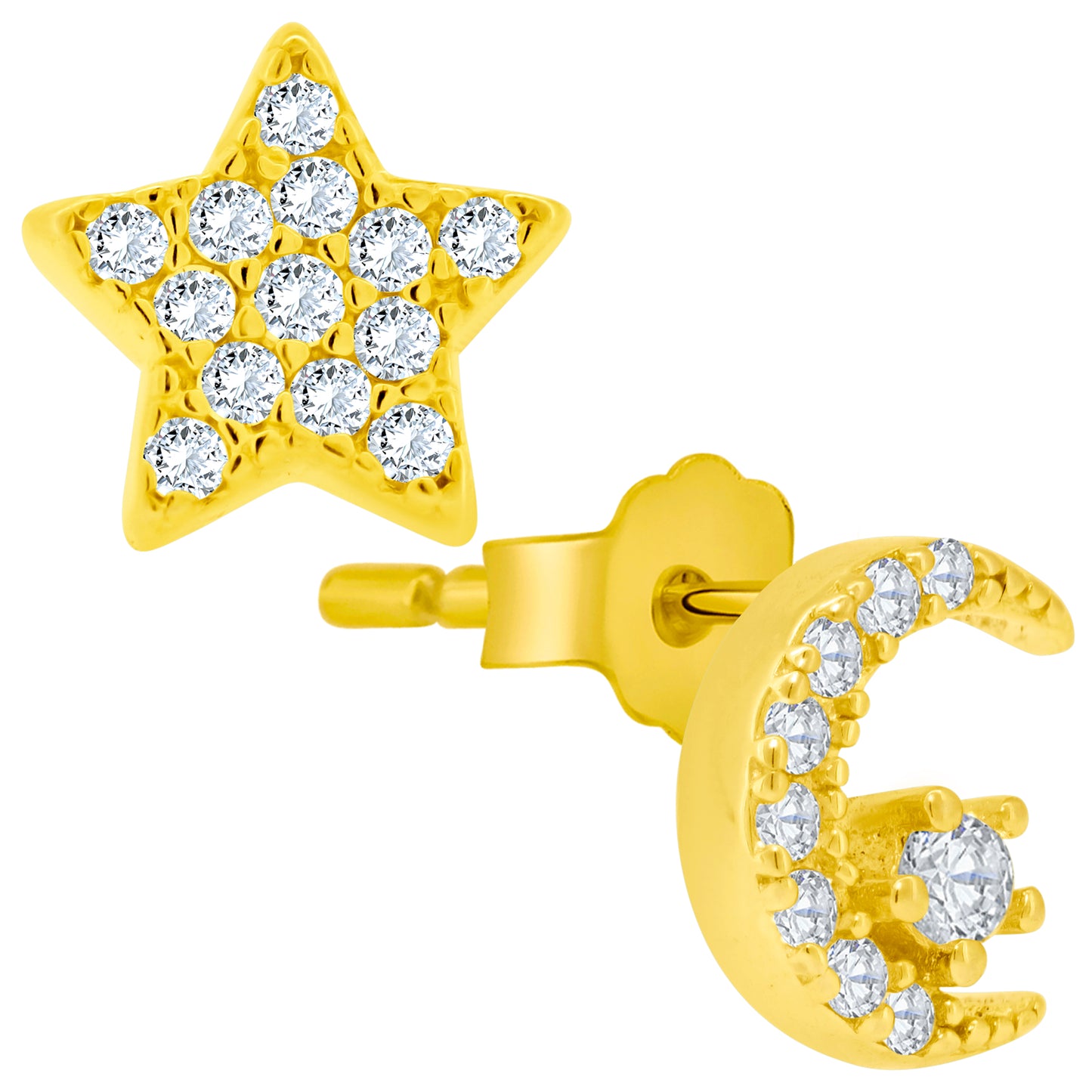 Sterling Silver Crescent Moon and Star CZ Earrings, Studs, Push Backs, Dainty Celestial Jewelry