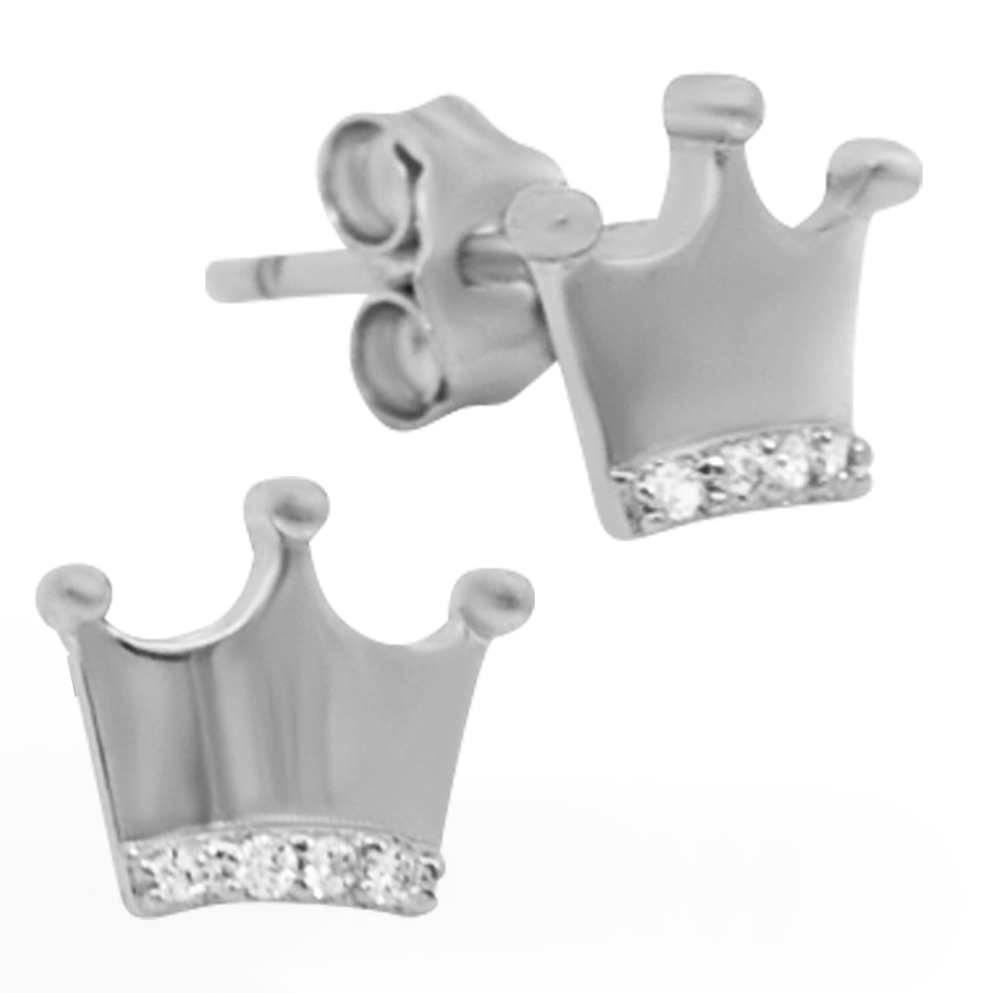 Sterling Silver Crown Zircon Design Earrings with Cubic Zirconia, Studs with Push Backings, Radiant Glam
