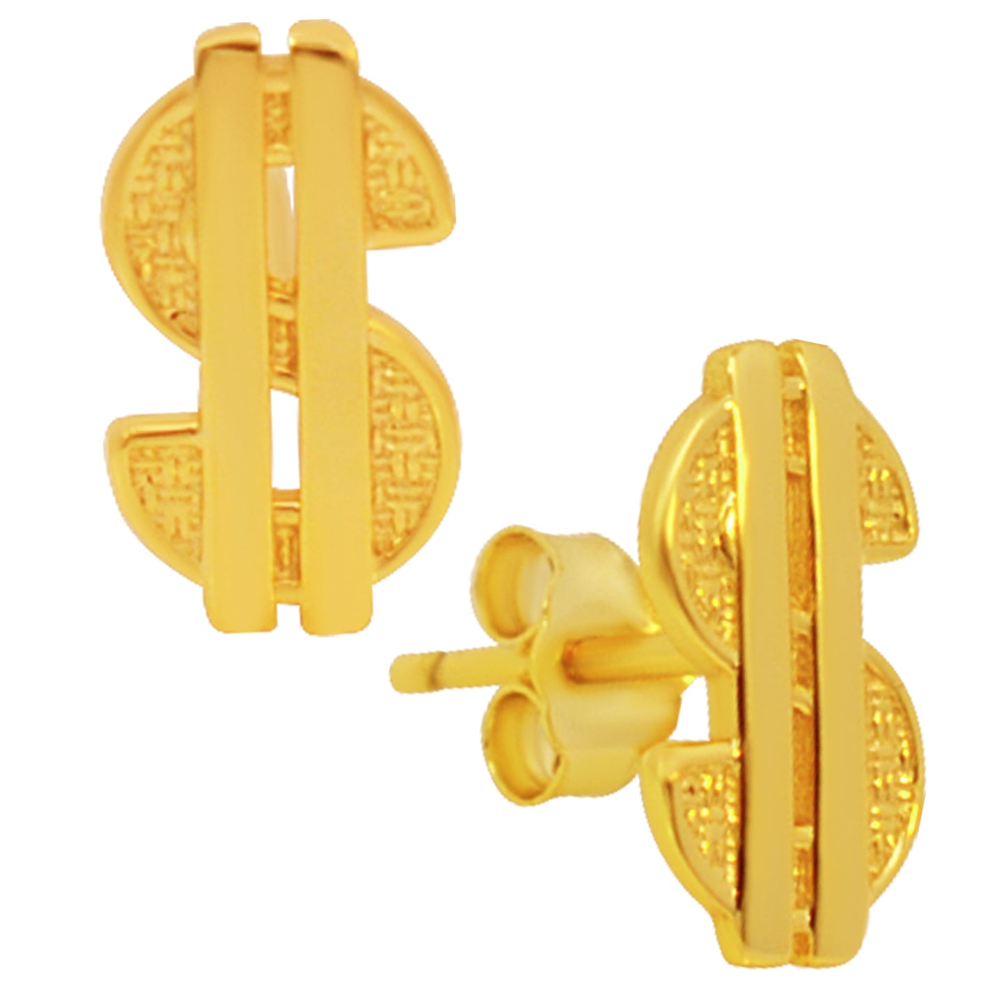 Dollar Sign Stud Earrings, Sterling Silver, Push Backing