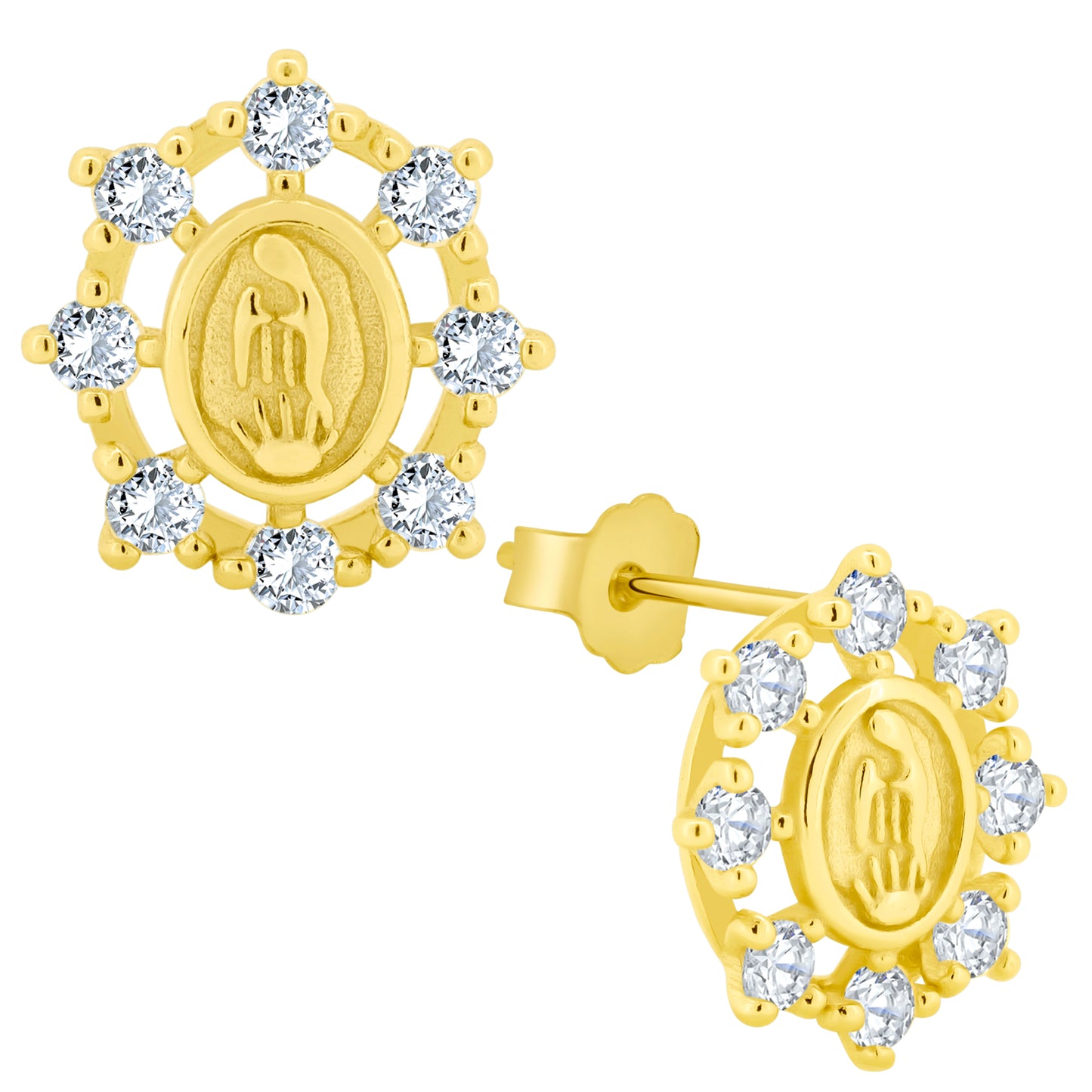 925 Sterling Silver Virgin Mary Stud Earrings, Cubic Zirconia, Push Backing, Religious Jewelry