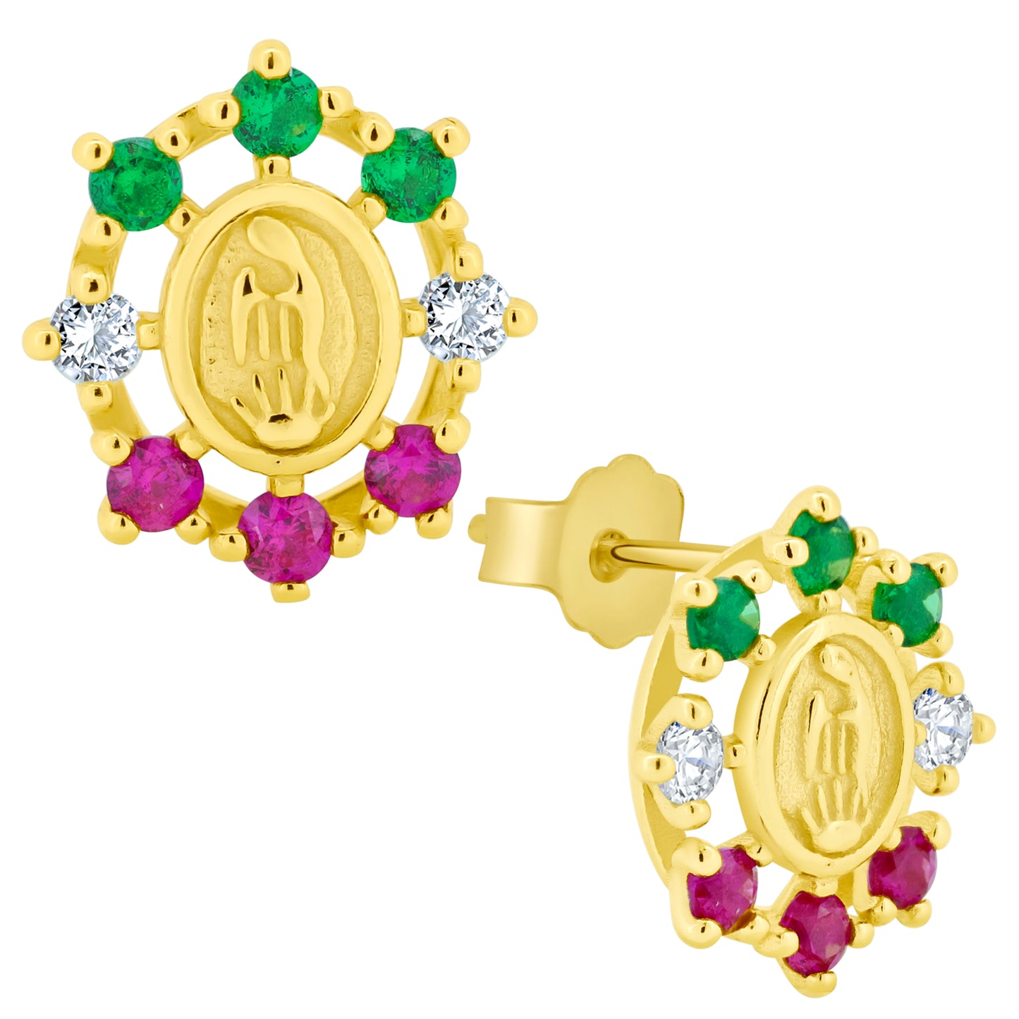 Sterling Silver Virgin Mary Earrings, Mexican Color Cubic Zirconia, Stud Push Backs, Religious Jewelry