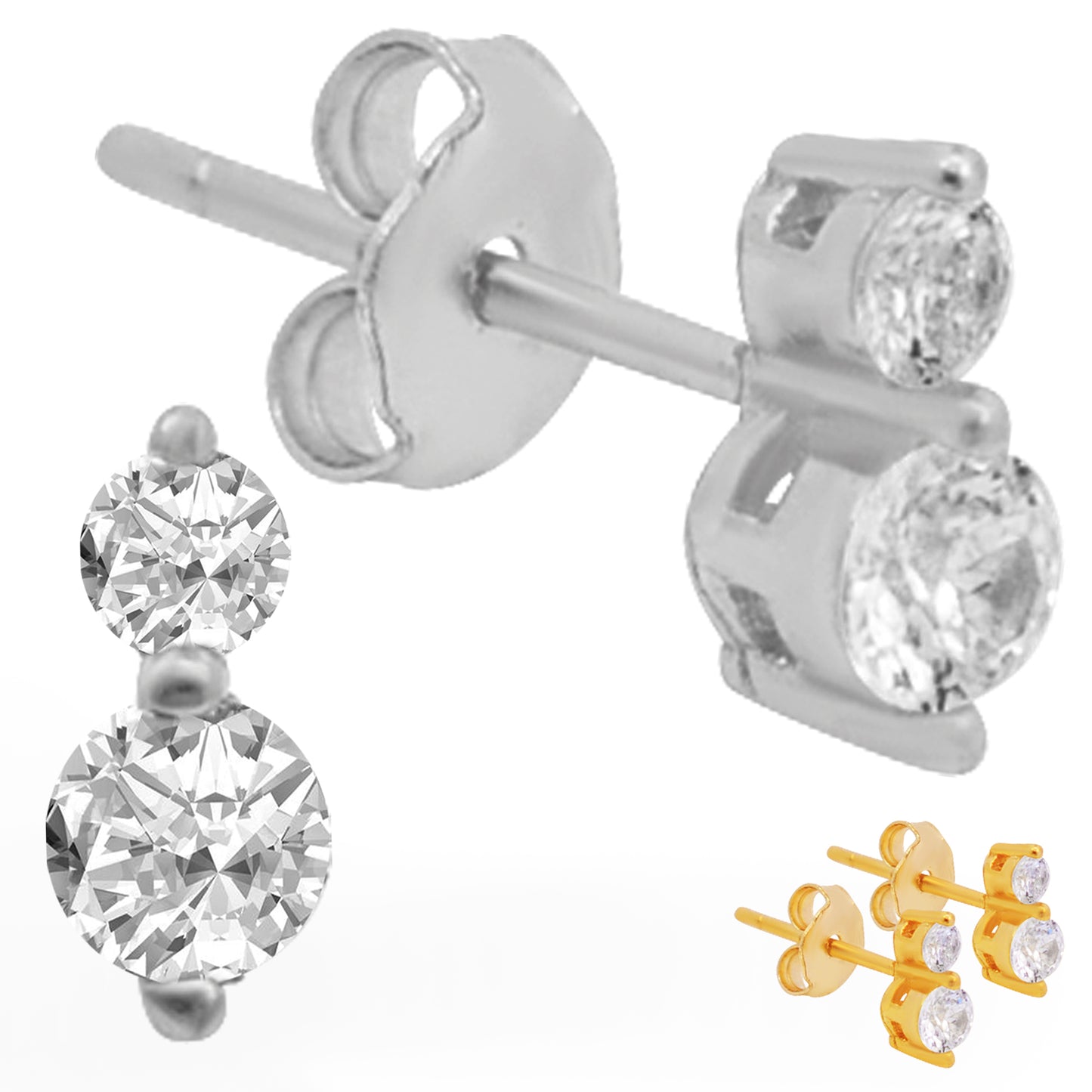 Clear CZ Sterling Silver Earring, Double Prong Setting, Push Backing, Dazzling Jewelry