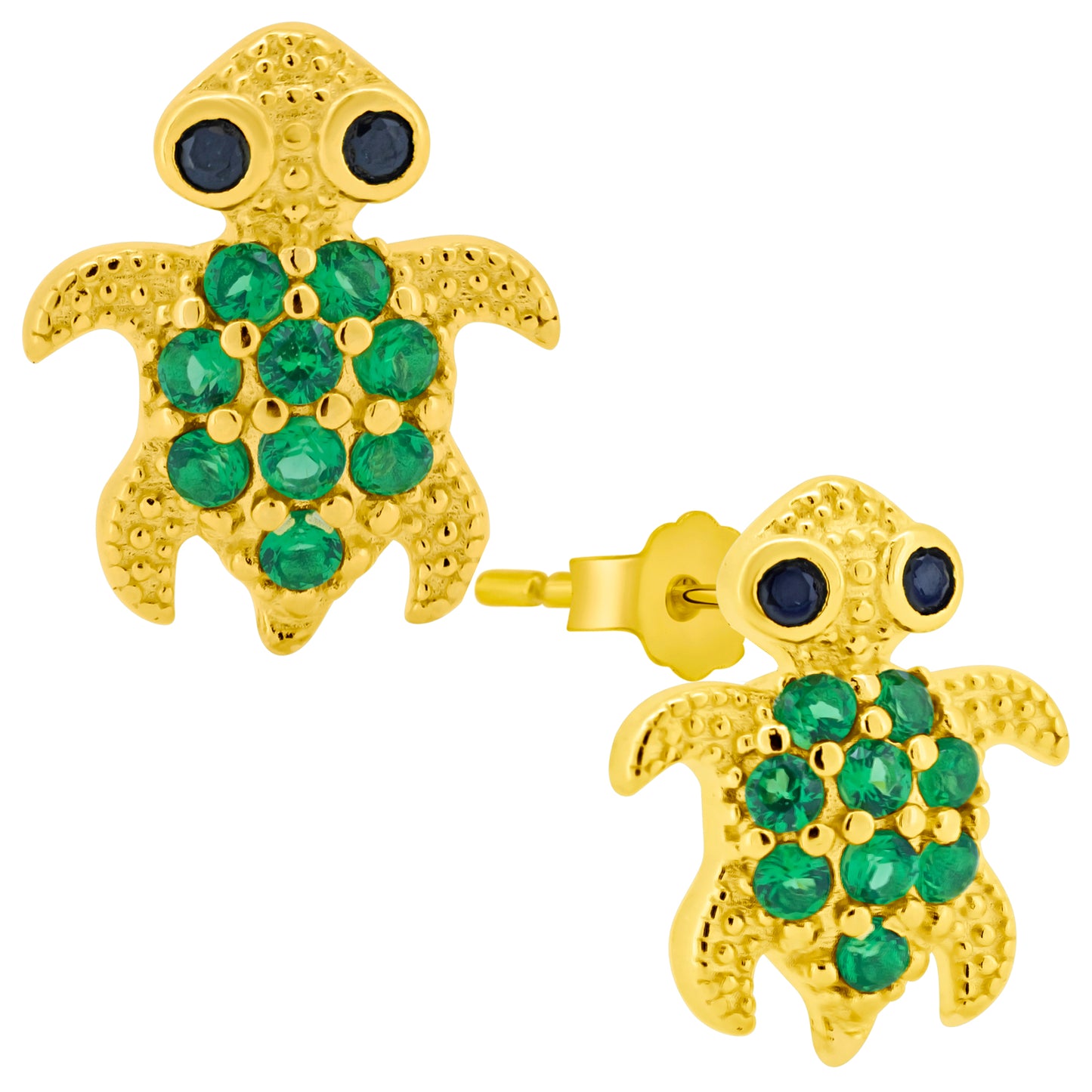 Turtle Stud Earrings, Sterling Silver with Green CZ, Beach Jewelry, Nature Inspired Gift