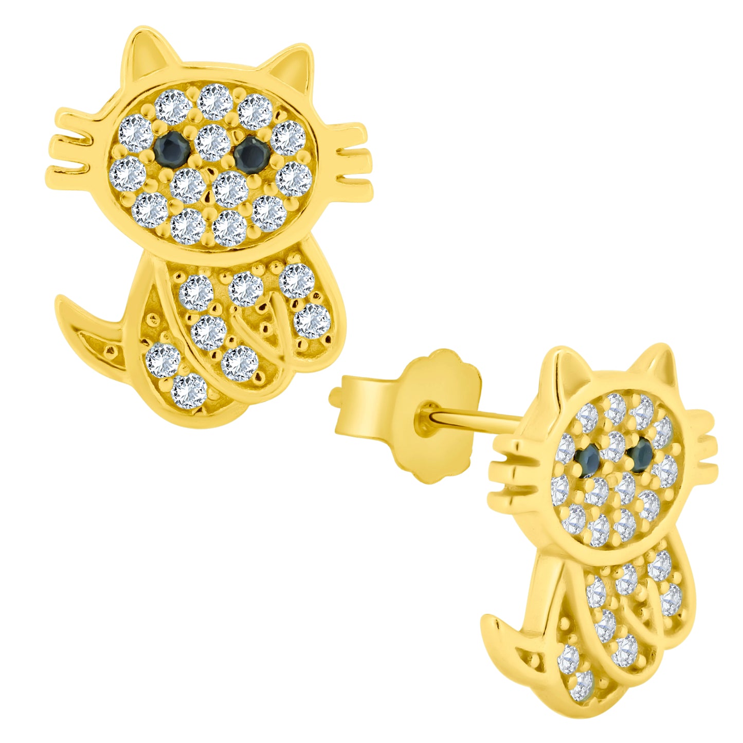 Cat Earrings Stud Push Backing, 925 Sterling Silver, CZ Studs, Animal Lover Gift
