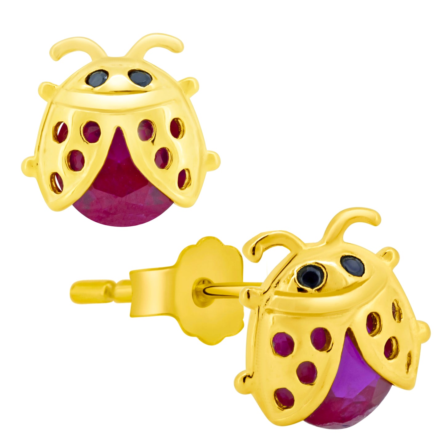 Fuchsia CZ Lady Bug Earrings, Sterling Silver Studs, Push Backs, Nature Inspired Jewelry