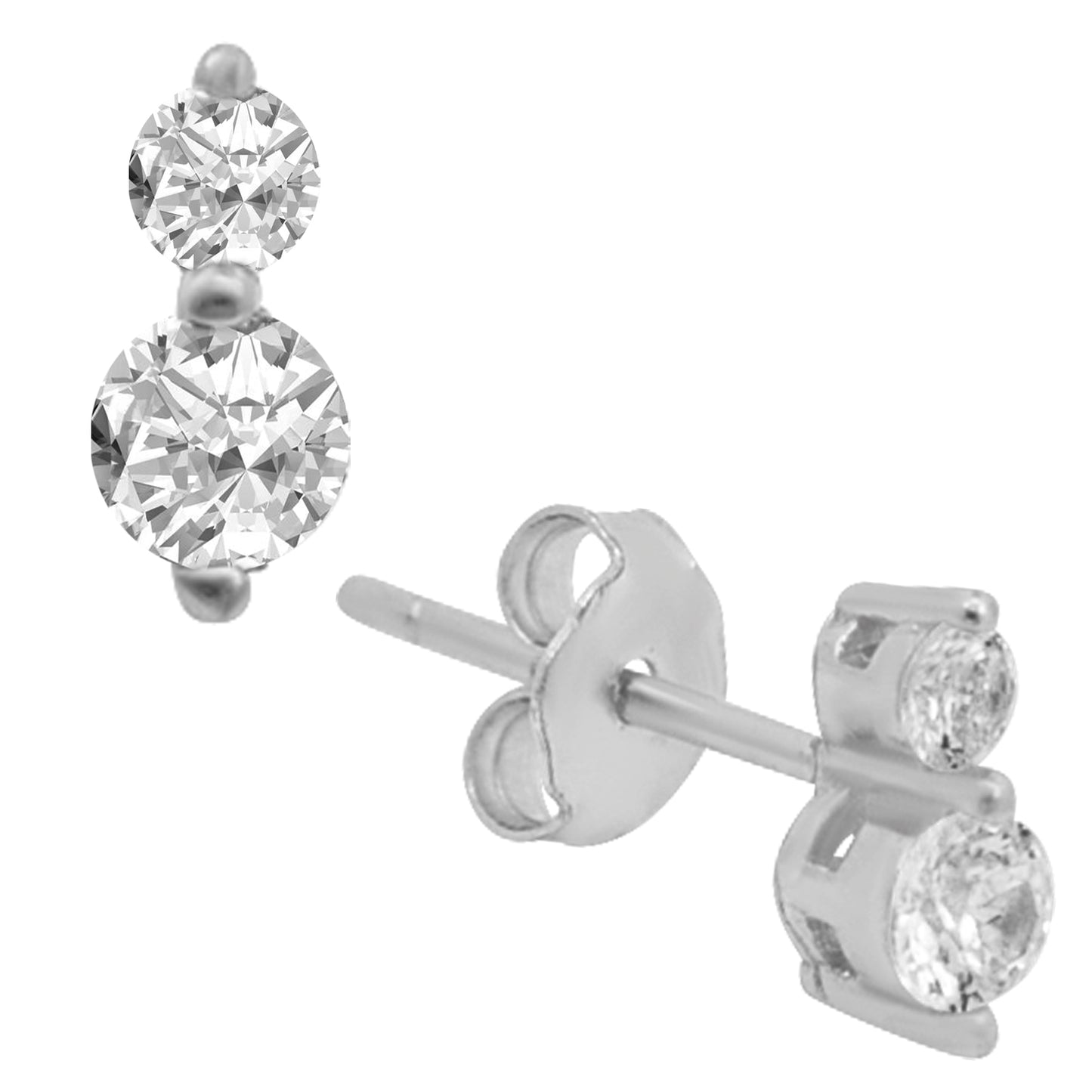 Clear CZ Sterling Silver Earring, Double Prong Setting, Push Backing, Dazzling Jewelry