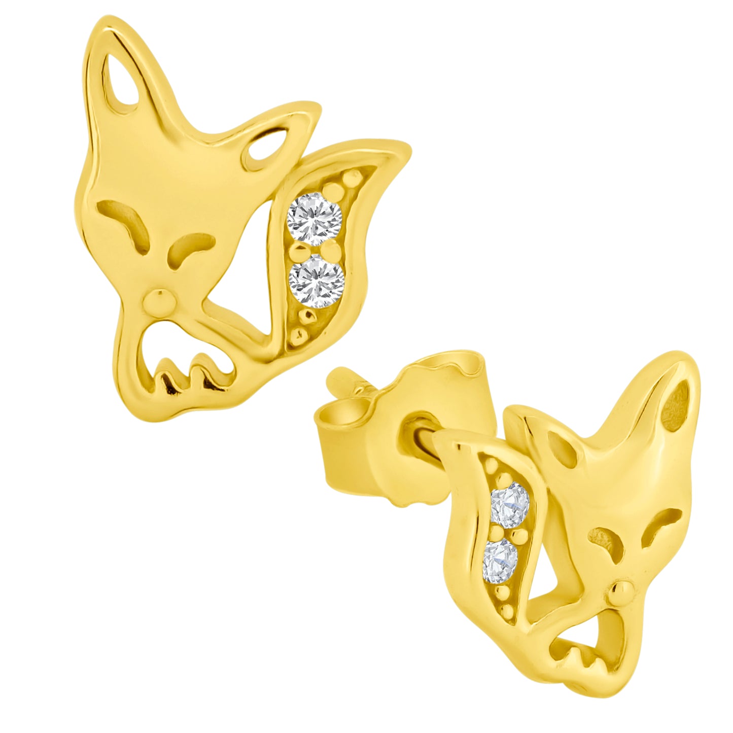Cute Fox CZ Earrings, 925 Sterling Silver Studs, Cubic Zirconia Jewelry, Push Backing, Animal Lover Gift