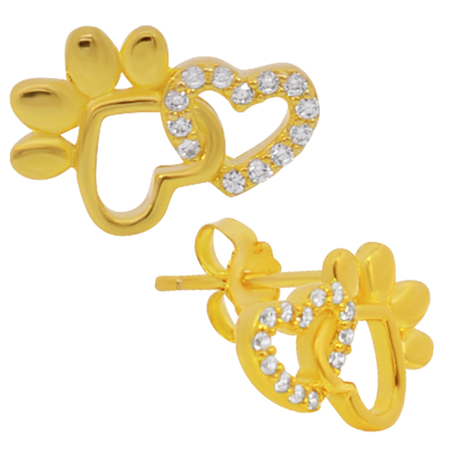 Heart Paw Earrings Sterling Silver, CZ Studs, Linking Heart Design, Push Backing, Animal Lover Jewelry