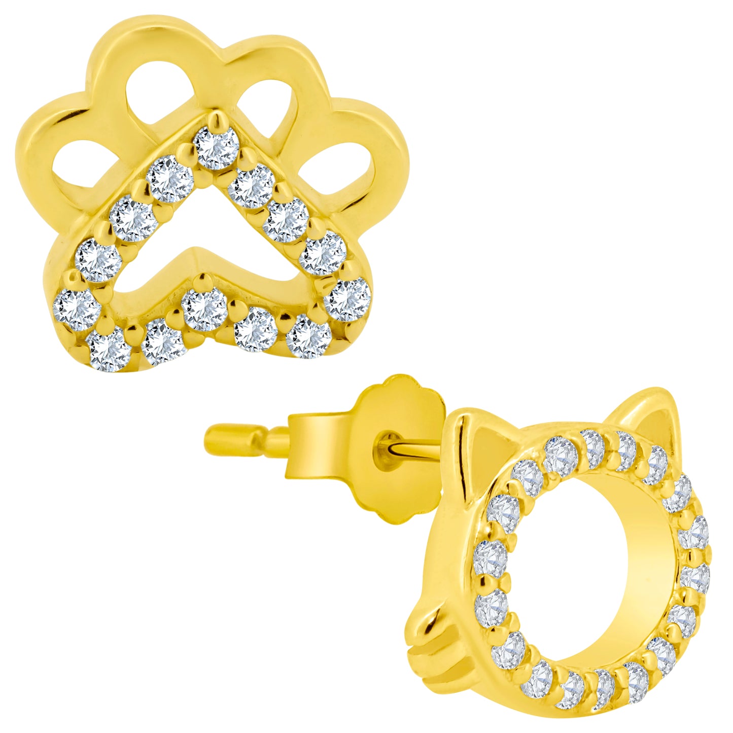 Cat Head and Paw Mismatched Silver Earrings, CZ Studs, Kitty Lover Jewelry, Push Backing, Pet Lover Gift