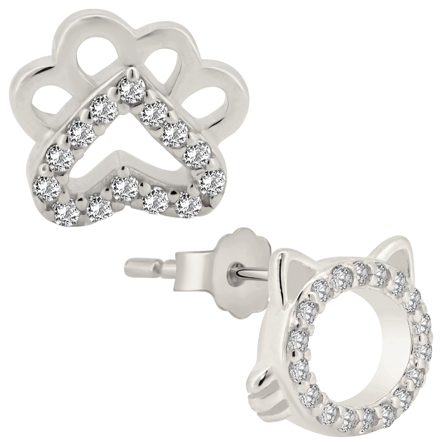 Cat Head and Paw Mismatched Silver Earrings, CZ Studs, Kitty Lover Jewelry, Push Backing, Pet Lover Gift